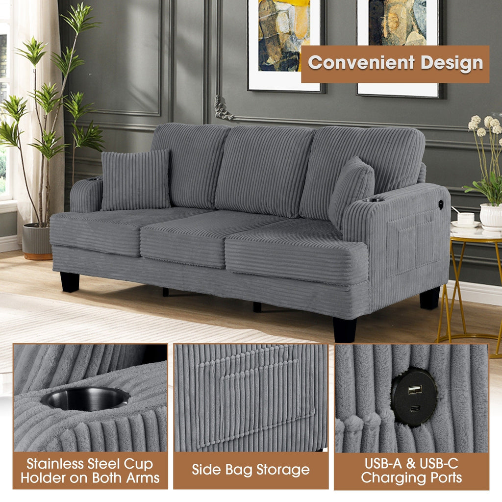 Canapé rectangulaire moderne 3 places en velours côtelé avec port USB et 2 oreillers