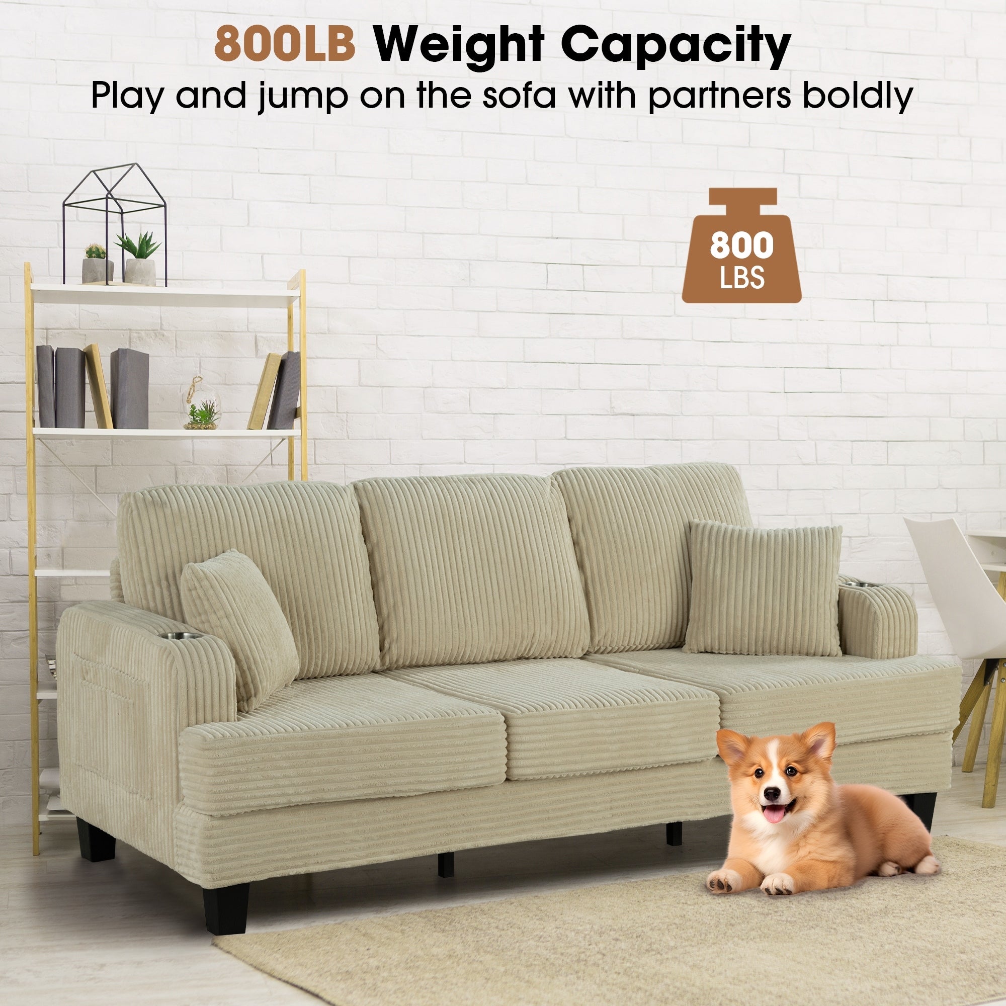 Canapé rectangulaire moderne 3 places en velours côtelé avec port USB et 2 oreillers