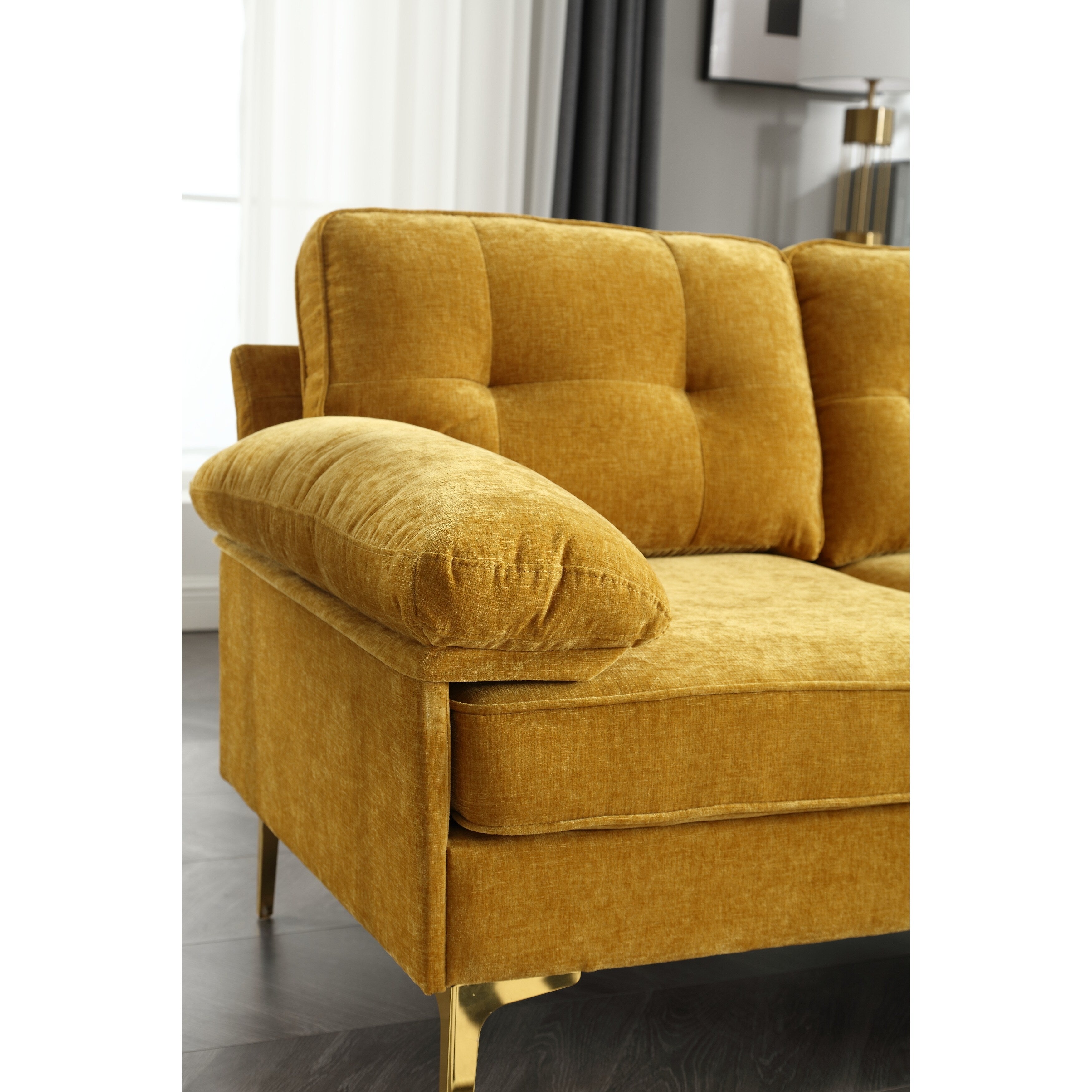 Canapé 3 places en L en tissu de 85 pouces, avec méridienne, coussins renforcés à ressorts, cadre en bois et coussins de taille