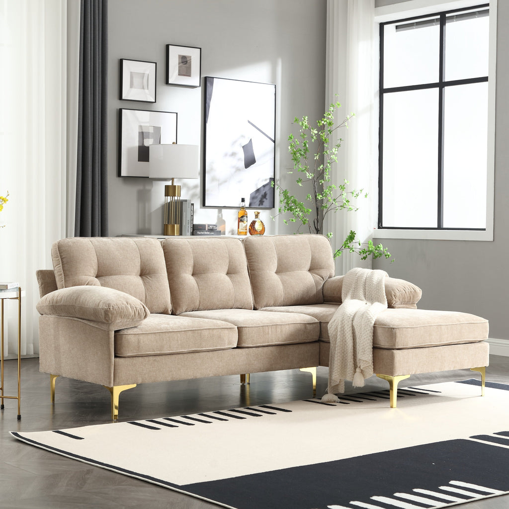 Canapé 3 places en tissu en forme de L de 85 pouces avec méridienne, cadre en bois et renfort de coussin à ressorts