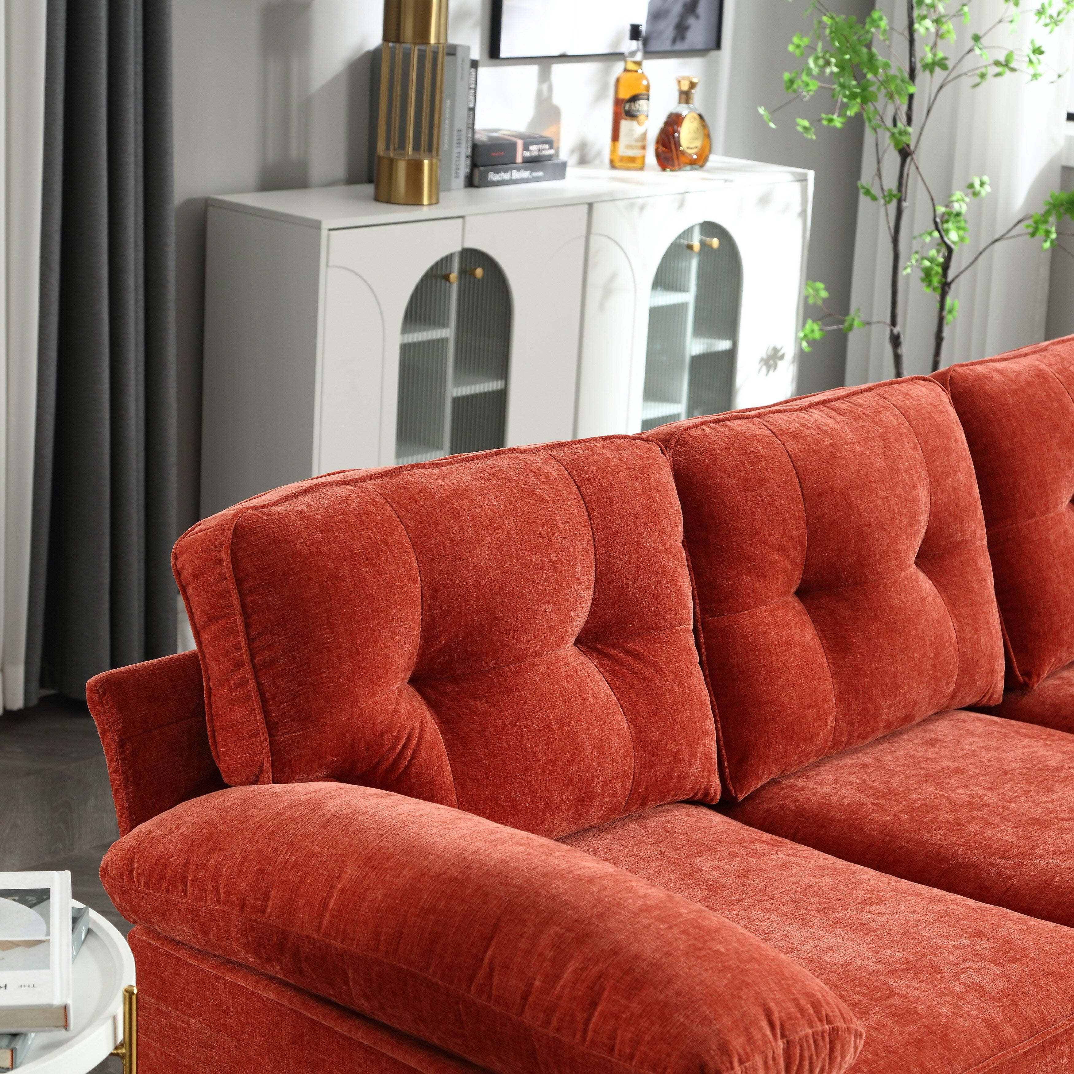 Canapé 3 places en tissu en forme de L de 85 pouces avec méridienne, cadre en bois et renfort de coussin à ressorts