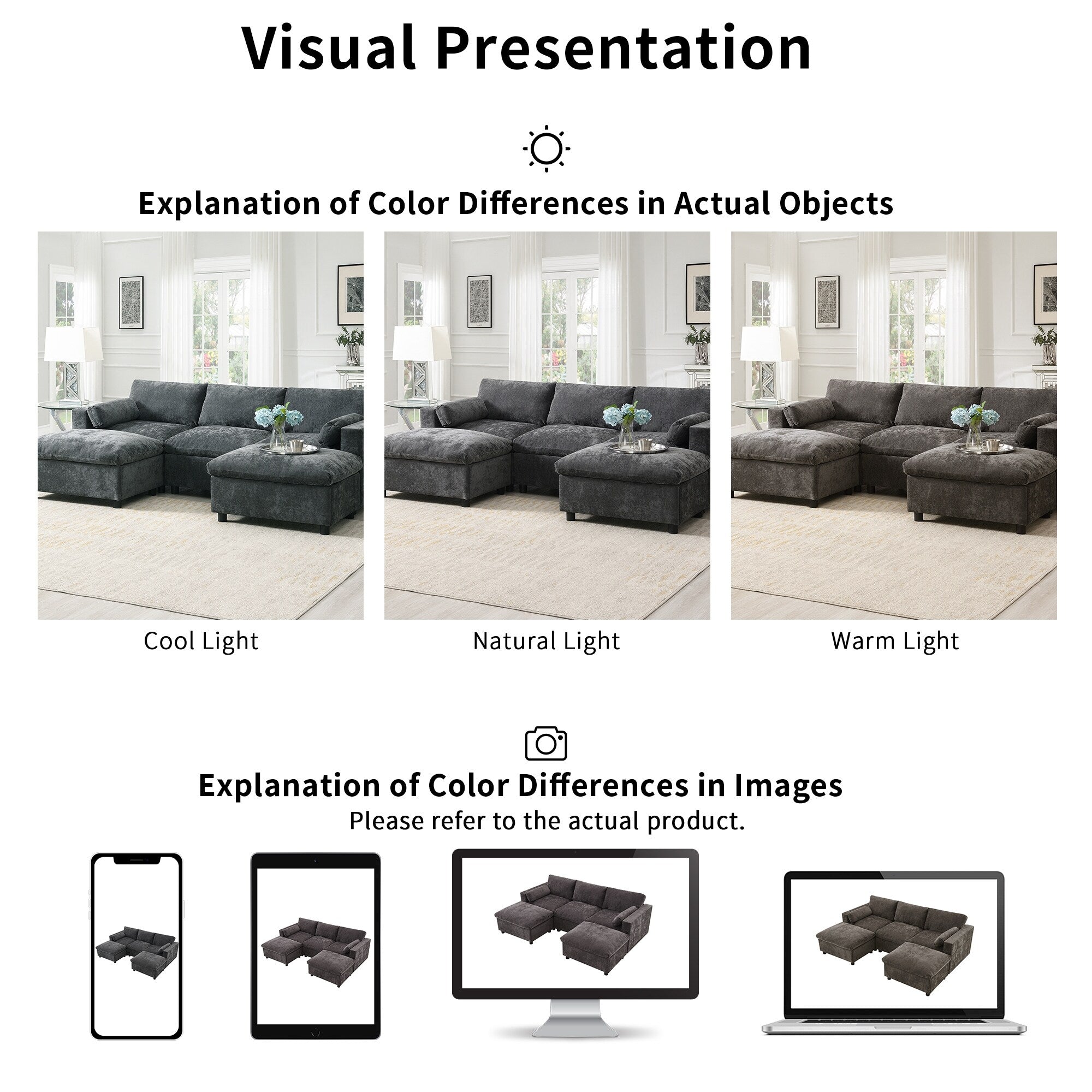 Canapé sectionnel en chenille en forme de U de 86,5 pouces avec poches de rangement, 2 poufs amovibles et coussins décoratifs pour le salon