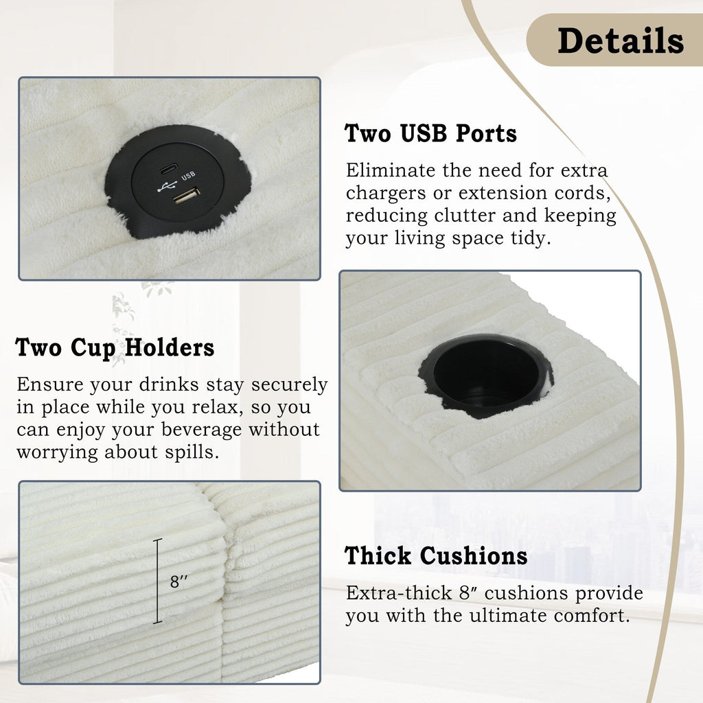 Canapé-lit en velours côtelé de 86,5 po avec 2 ports USB, porte-gobelets et capacité de charge de 250 kg