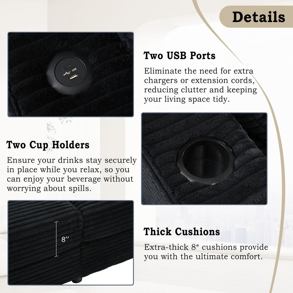 Canapé-lit en velours côtelé de 86,5 po avec 2 ports USB, porte-gobelets et capacité de charge de 250 kg