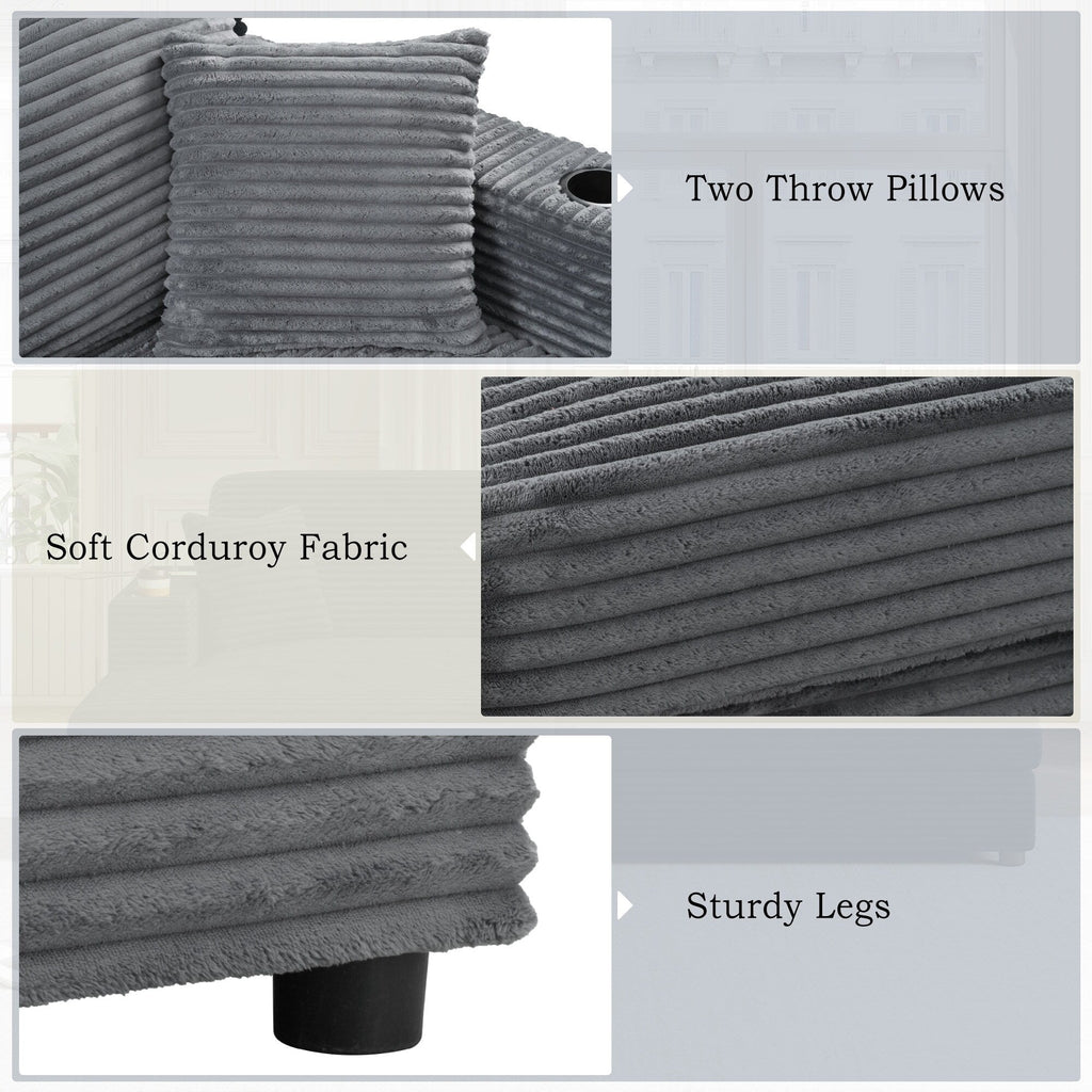 Canapé-lit en velours côtelé de 86,5 po avec 2 ports USB, porte-gobelets et capacité de charge de 250 kg