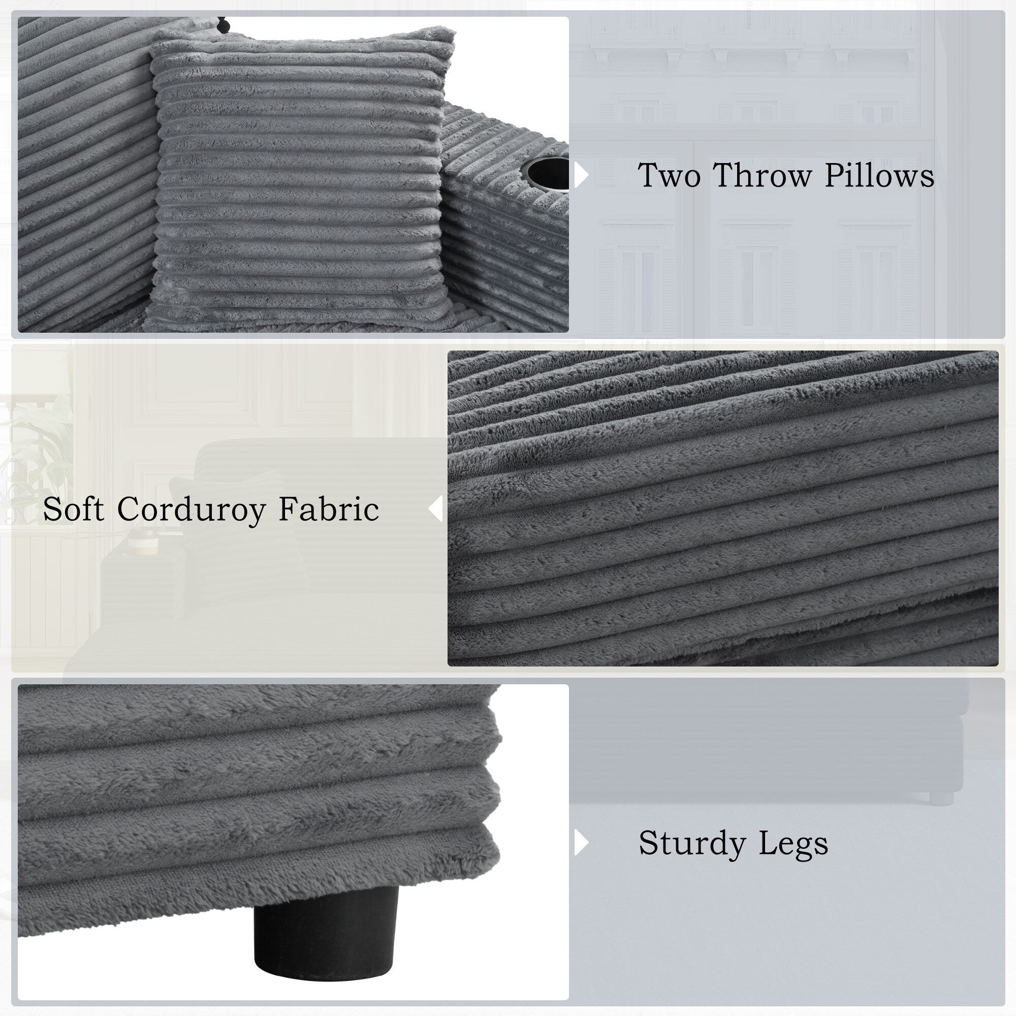 Canapé-lit en velours côtelé de 86,5 po avec 2 ports USB, porte-gobelets et capacité de charge de 250 kg