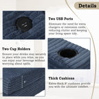 Canapé-lit en velours côtelé de 86,5 po avec 2 ports USB, porte-gobelets et capacité de charge de 250 kg