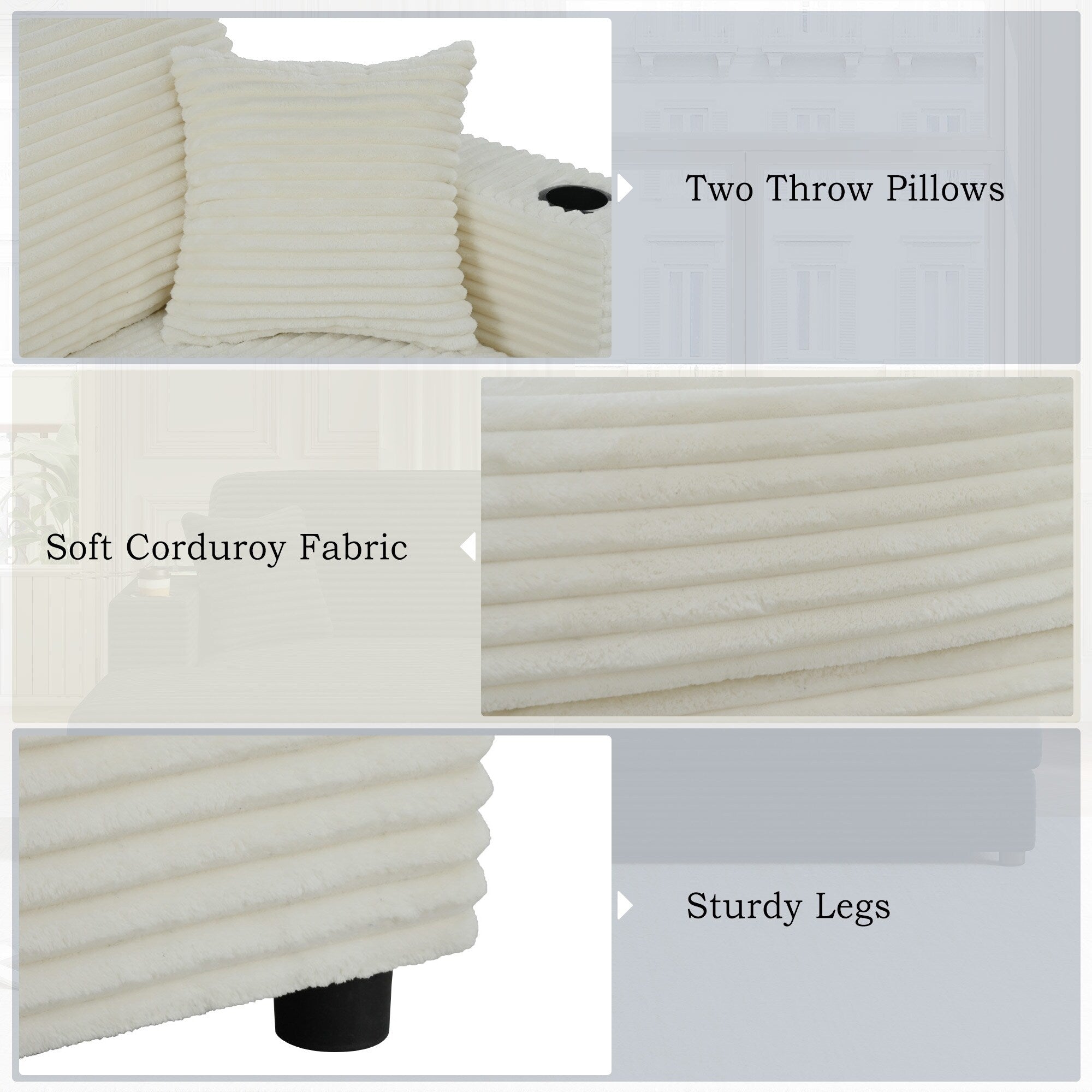 Canapé-lit en velours côtelé de 86,5 po avec 2 ports USB, porte-gobelets et capacité de charge de 250 kg