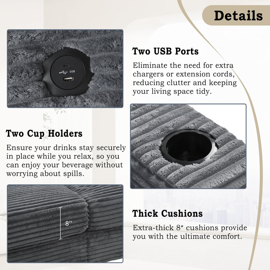 Canapé-lit en velours côtelé de 86,5 po avec 2 ports USB, porte-gobelets et capacité de charge de 250 kg
