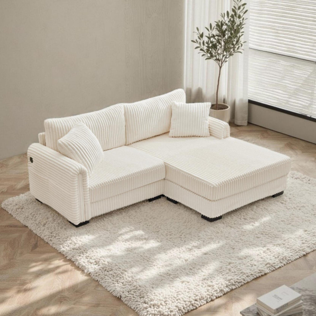 Canapé réversible 2 places en L en velours côtelé avec chargement USB-C et poche de rangement pour le salon