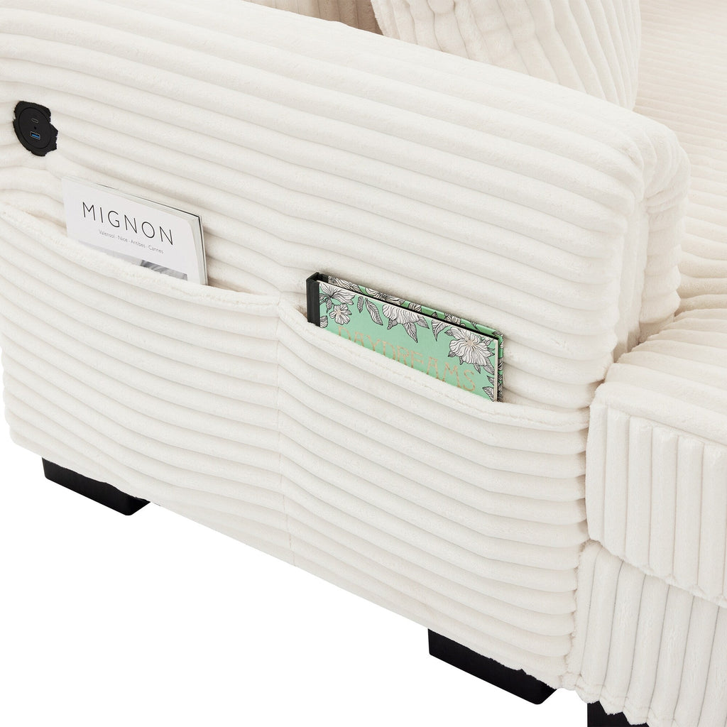 Canapé réversible 2 places en L en velours côtelé avec chargement USB-C et poche de rangement pour le salon