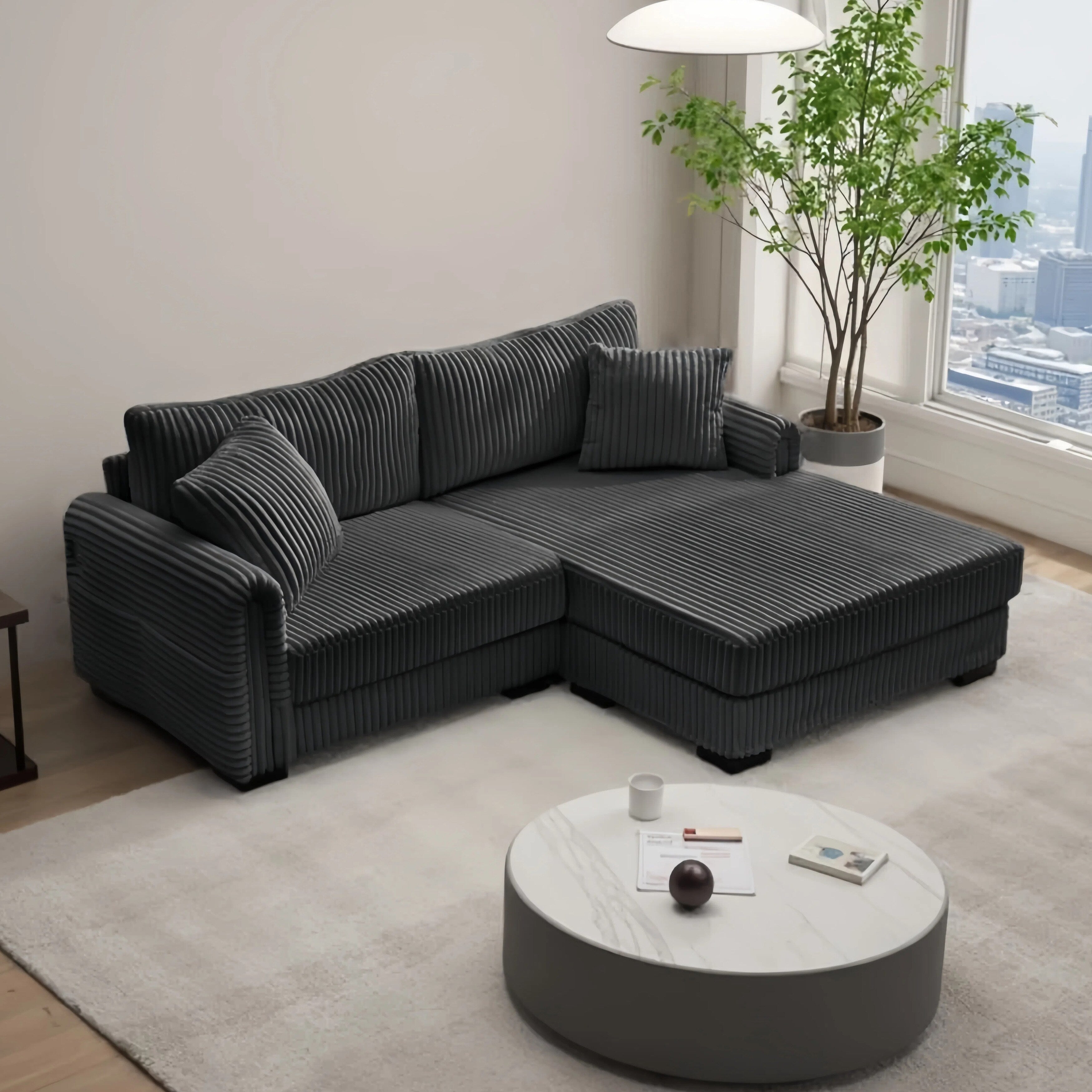 Canapé réversible 2 places en L en velours côtelé avec chargement USB-C et poche de rangement pour le salon