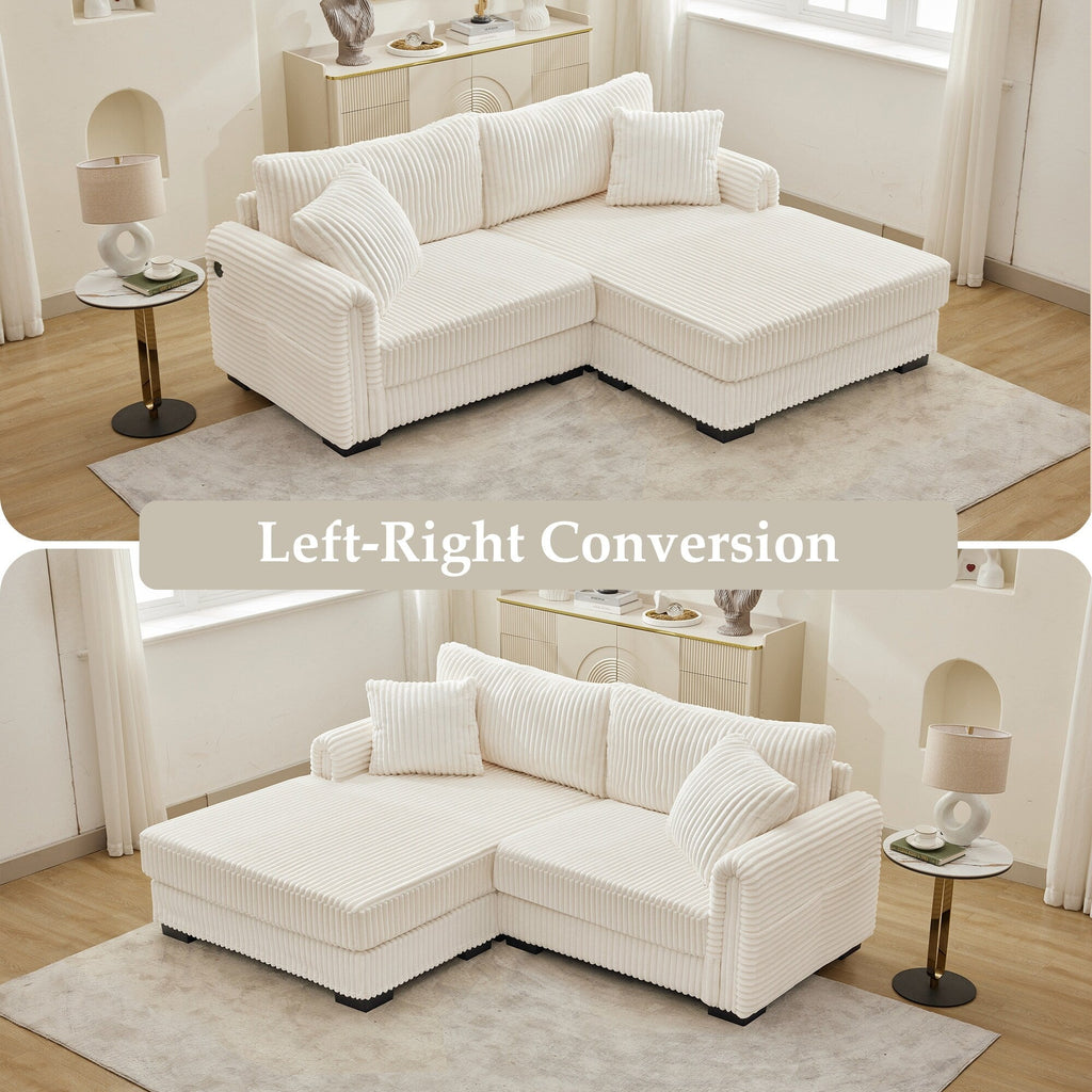 Canapé réversible 2 places en L en velours côtelé avec chargement USB-C et poche de rangement pour le salon