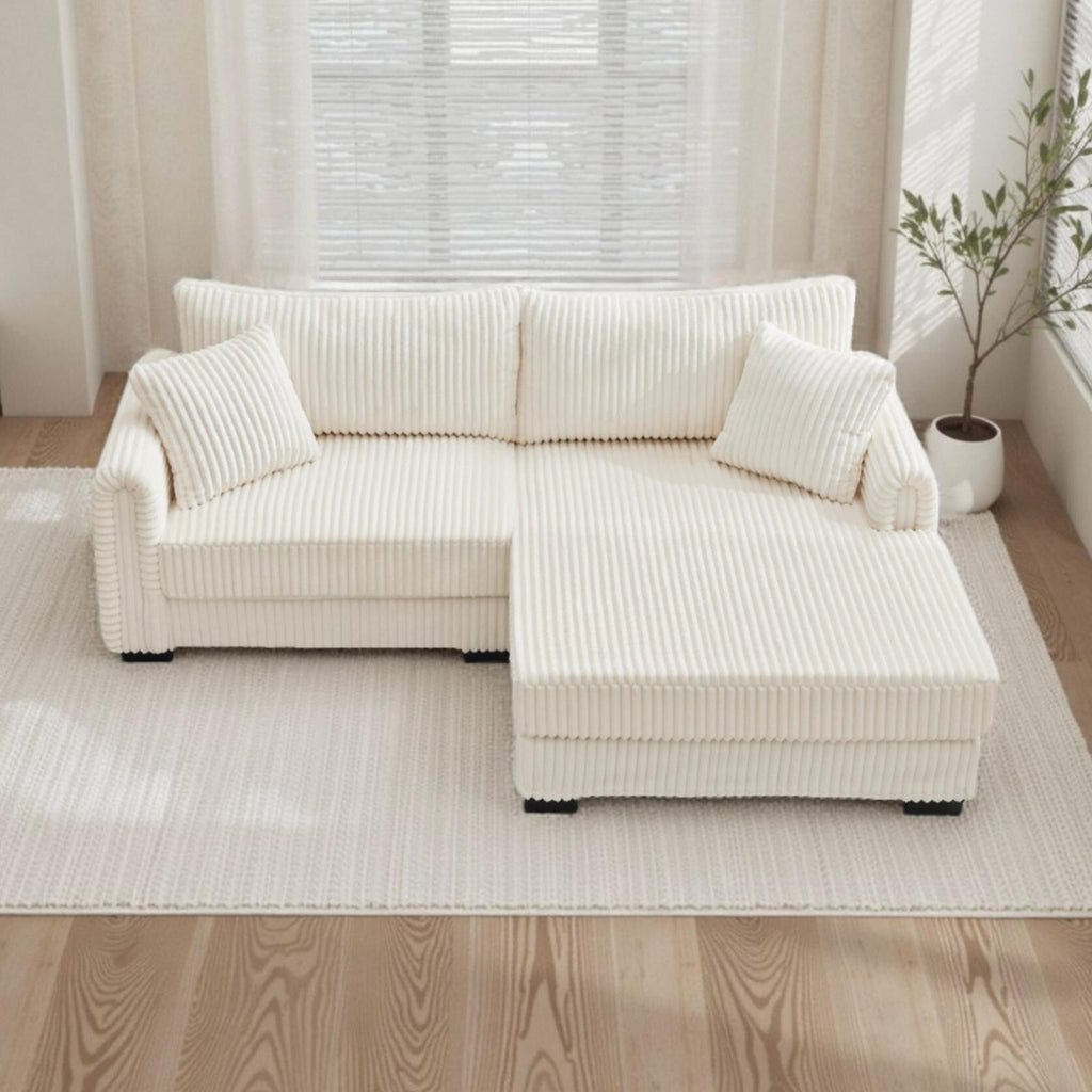 Canapé réversible 2 places en L en velours côtelé avec chargement USB-C et poche de rangement pour le salon