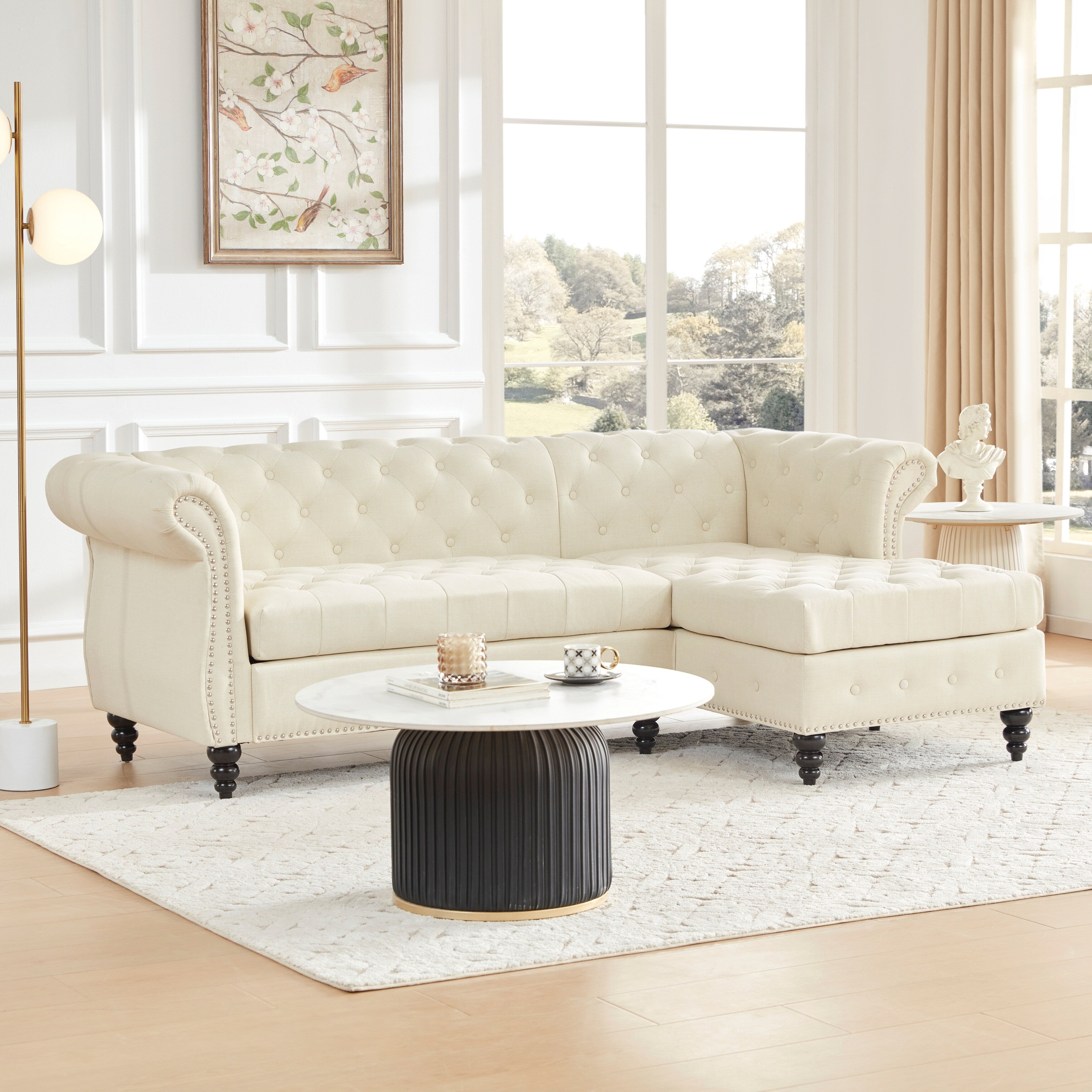 Canapé Chesterfield en lin en forme de L de 86,6 po avec accoudoirs roulés, capitonnage à boutons, détails cloutés et pieds en bois en forme de gourde