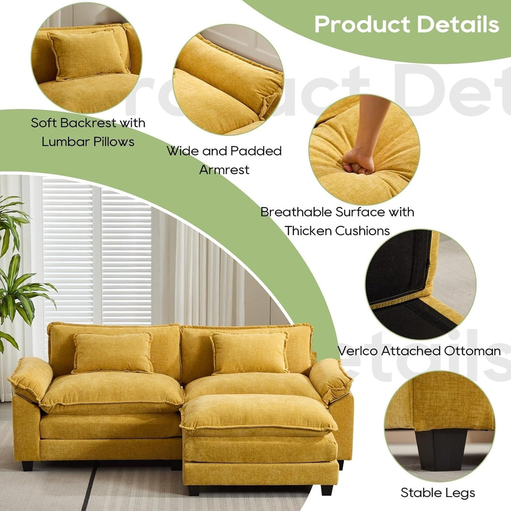 Canapé sectionnel Cloud 86 - Canapé en chenille en forme de L avec pouf et coussins, siège profond (beige blanc)