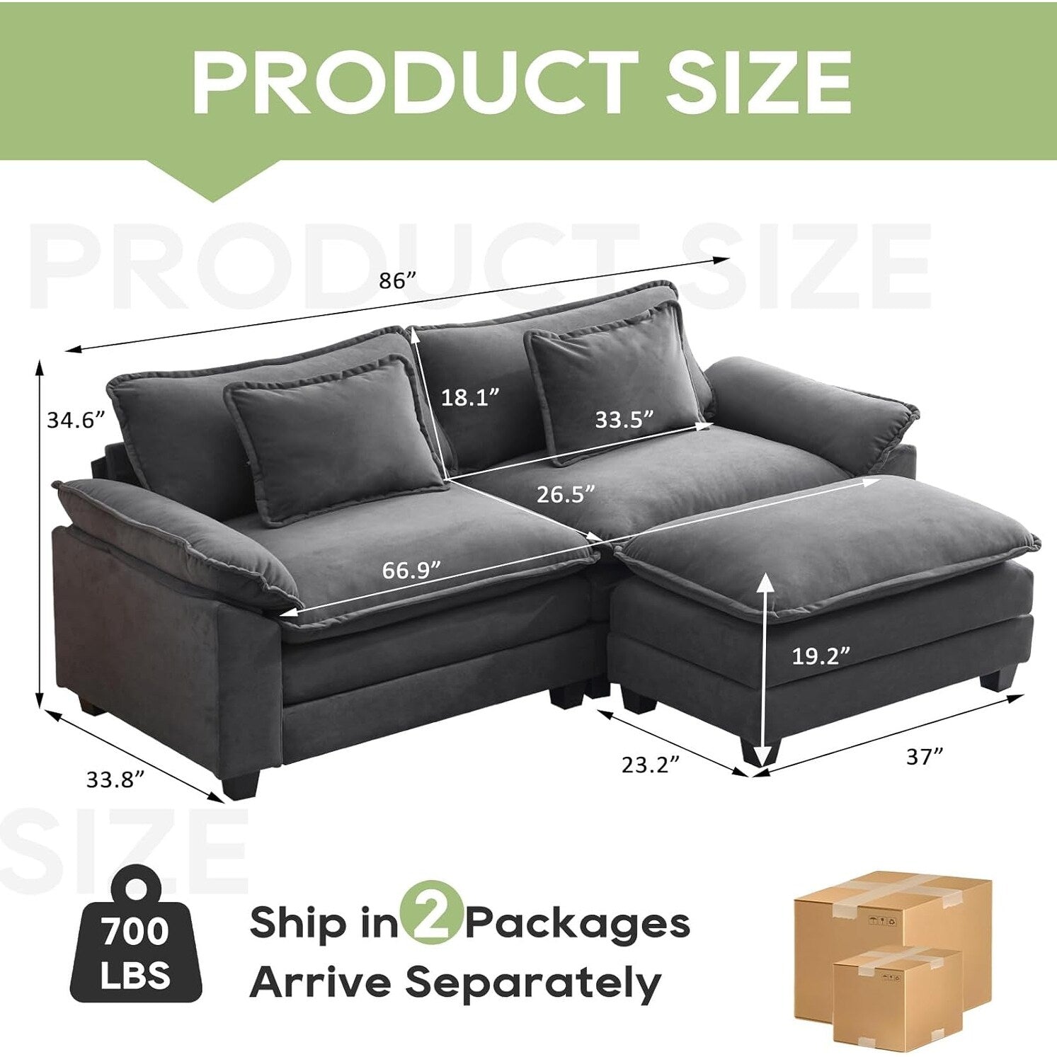 Canapé sectionnel Cloud 86 - Canapé en chenille en forme de L avec pouf et coussins, siège profond (beige blanc)