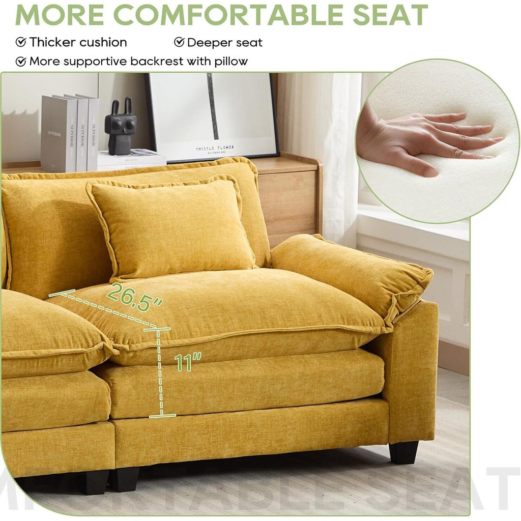 Canapé sectionnel Cloud 86 - Canapé en chenille en forme de L avec pouf et coussins, siège profond (beige blanc)