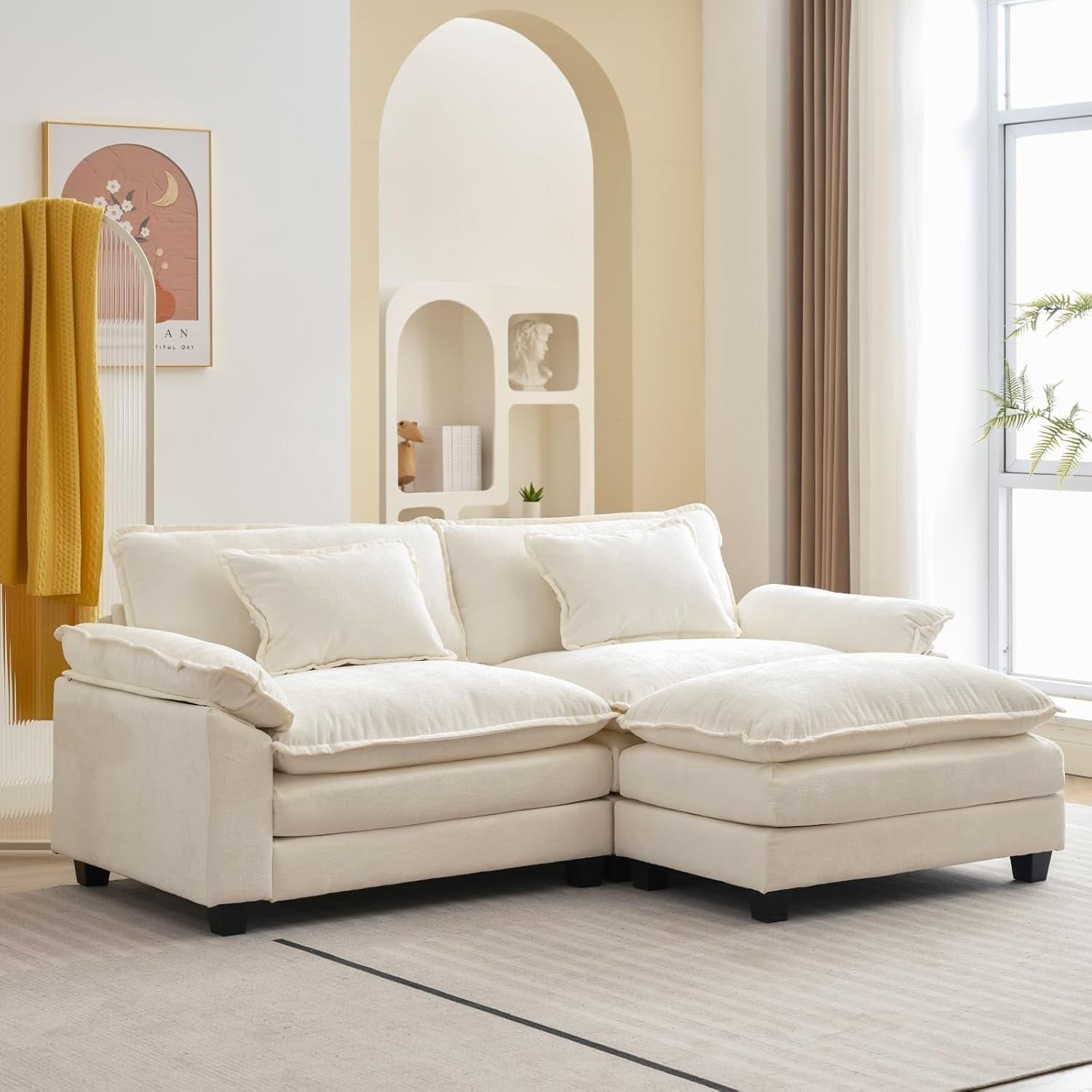 Canapé sectionnel Cloud 86 - Canapé en chenille en forme de L avec pouf et coussins, siège profond (beige blanc)