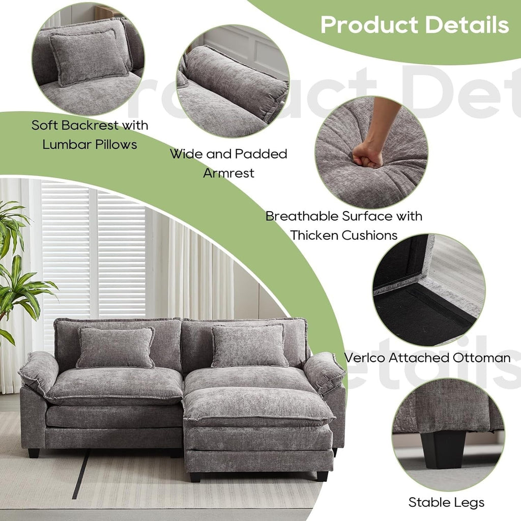 Canapé sectionnel Cloud 86 - Canapé en chenille en forme de L avec pouf et coussins, siège profond (beige blanc)