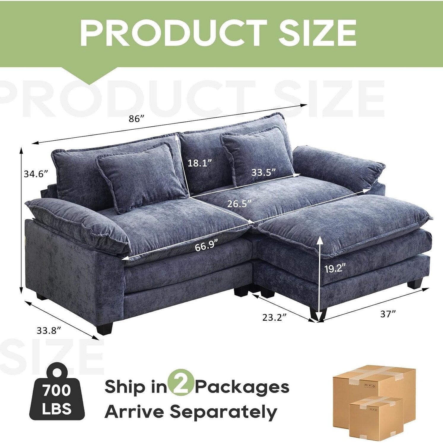 Canapé sectionnel Cloud 86 - Canapé en chenille en forme de L avec pouf et coussins, siège profond (beige blanc)