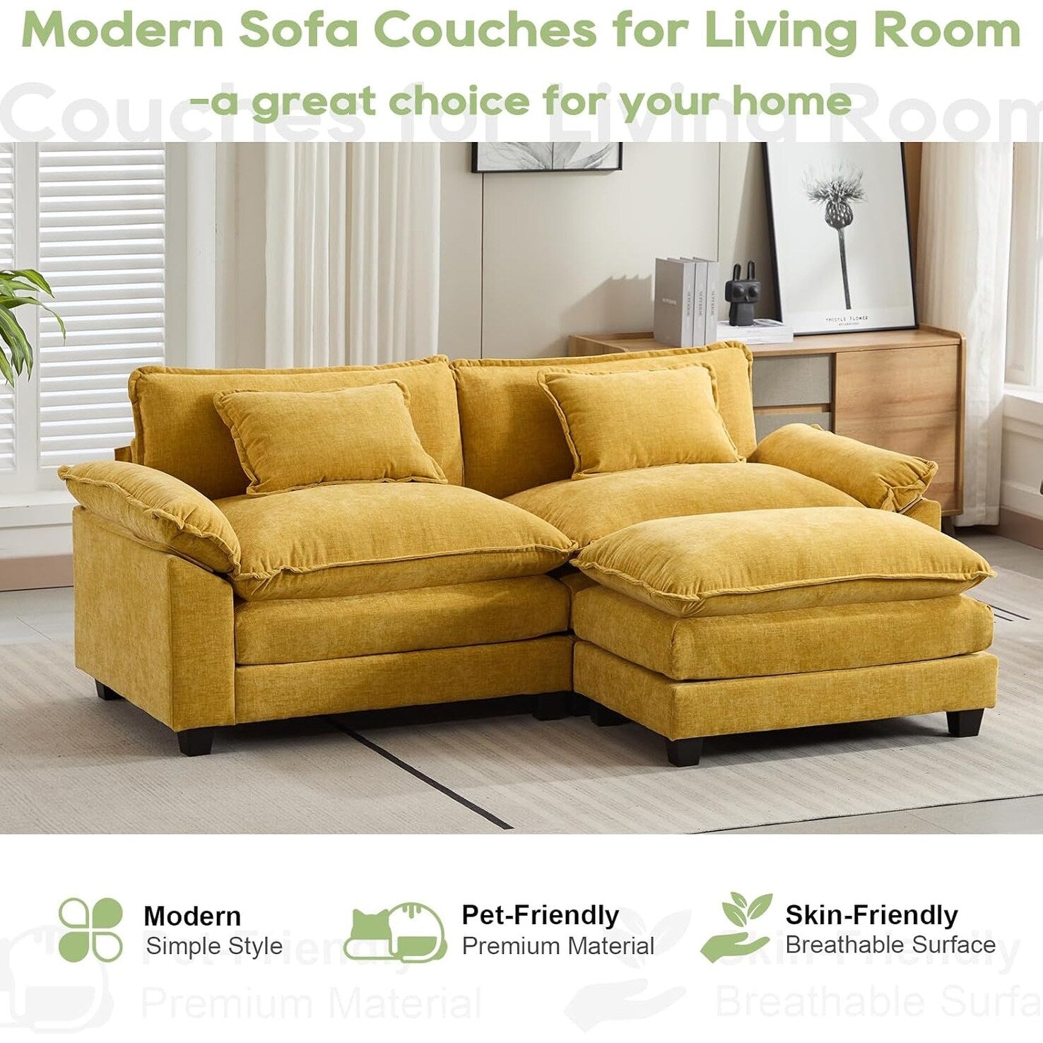 Canapé sectionnel Cloud 86 - Canapé en chenille en forme de L avec pouf et coussins, siège profond (beige blanc)