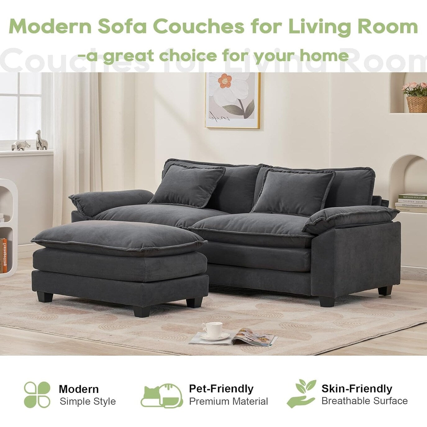 Canapé sectionnel Cloud 86 - Canapé en chenille en forme de L avec pouf et coussins, siège profond (beige blanc)