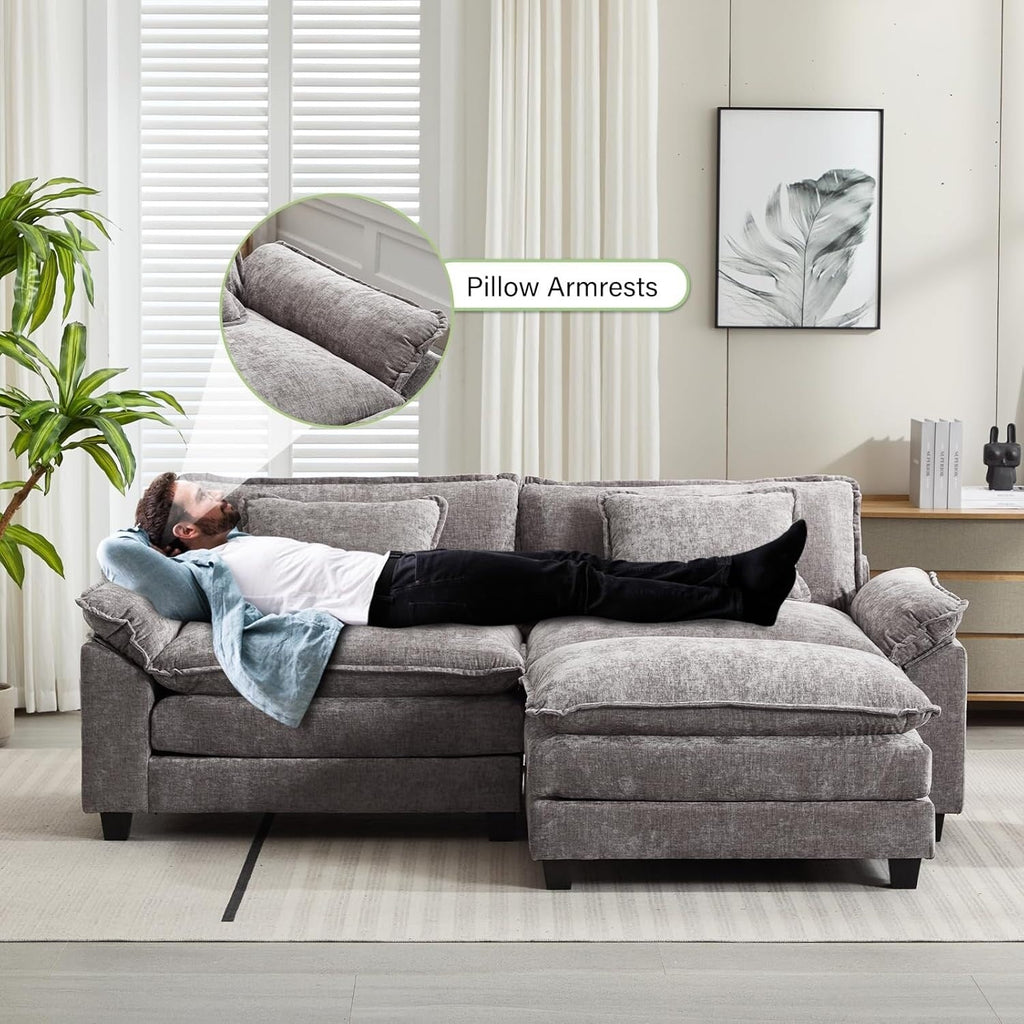 Canapé sectionnel Cloud 86 - Canapé en chenille en forme de L avec pouf et coussins, siège profond (beige blanc)