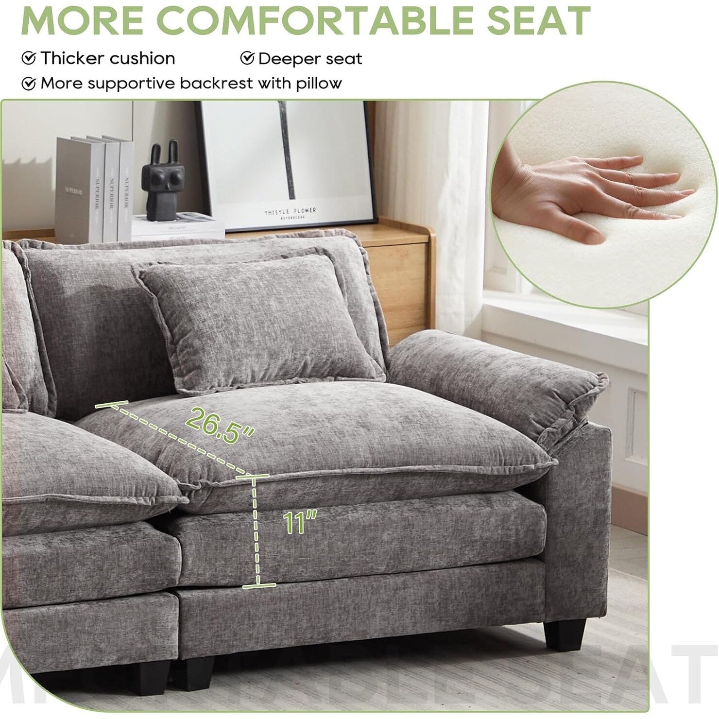 Canapé sectionnel Cloud 86 - Canapé en chenille en forme de L avec pouf et coussins, siège profond (beige blanc)