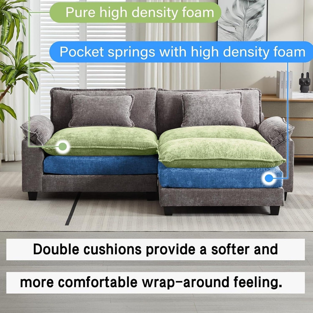 Canapé sectionnel Cloud 86 - Canapé en chenille en forme de L avec pouf et coussins, siège profond (beige blanc)