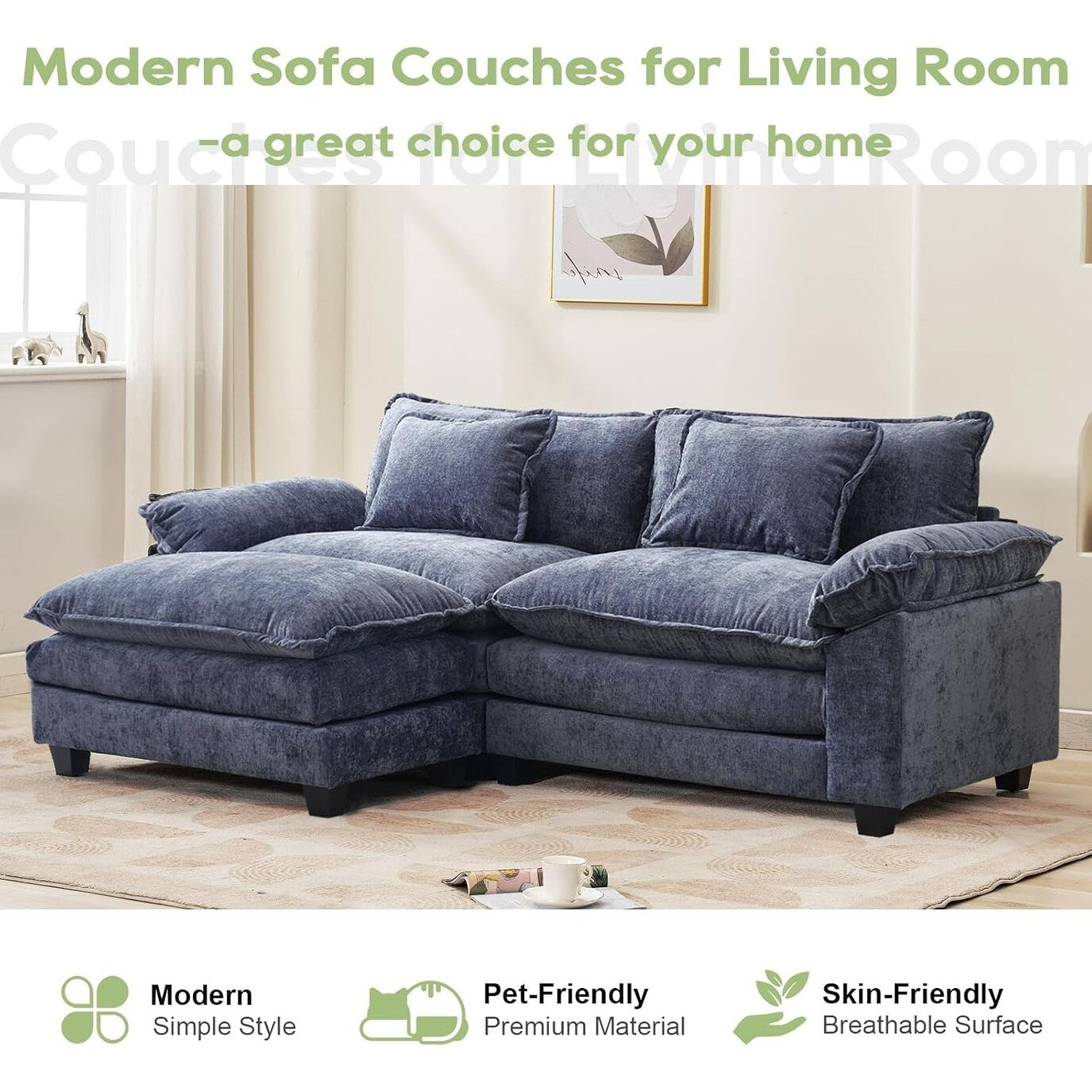 Canapé sectionnel Cloud 86 - Canapé en chenille en forme de L avec pouf et coussins, siège profond (beige blanc)