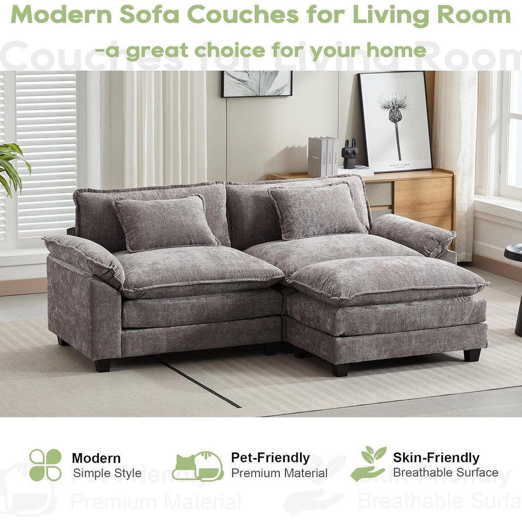 Canapé sectionnel Cloud 86 - Canapé en chenille en forme de L avec pouf et coussins, siège profond (beige blanc)