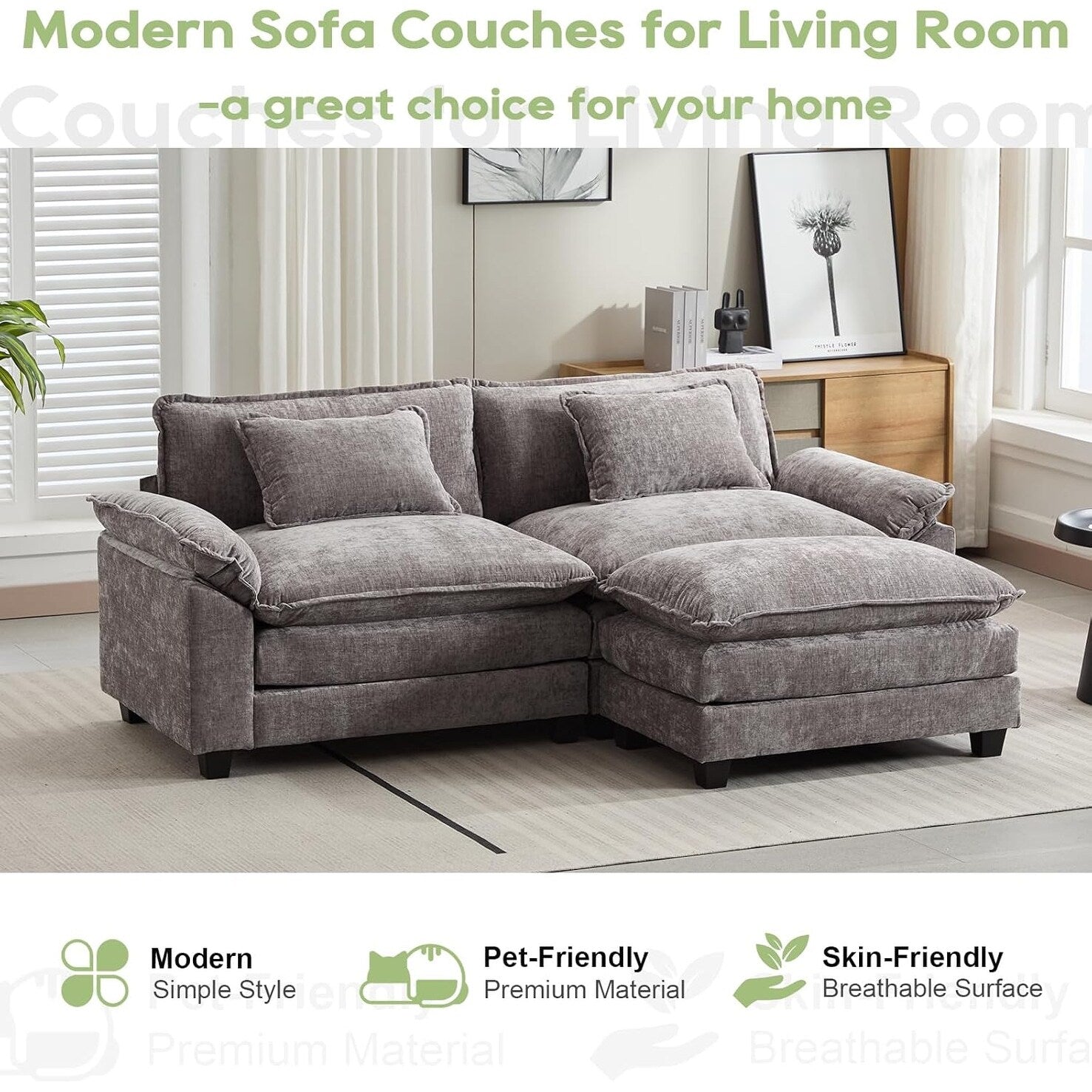 Canapé sectionnel Cloud 86 - Canapé en chenille en forme de L avec pouf et coussins, siège profond (beige blanc)