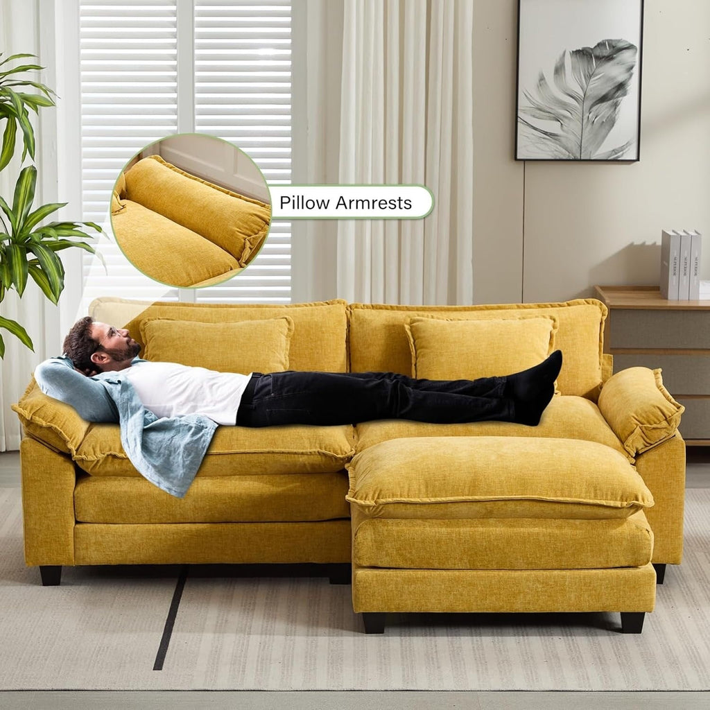 Canapé sectionnel Cloud 86 - Canapé en chenille en forme de L avec pouf et coussins, siège profond (beige blanc)