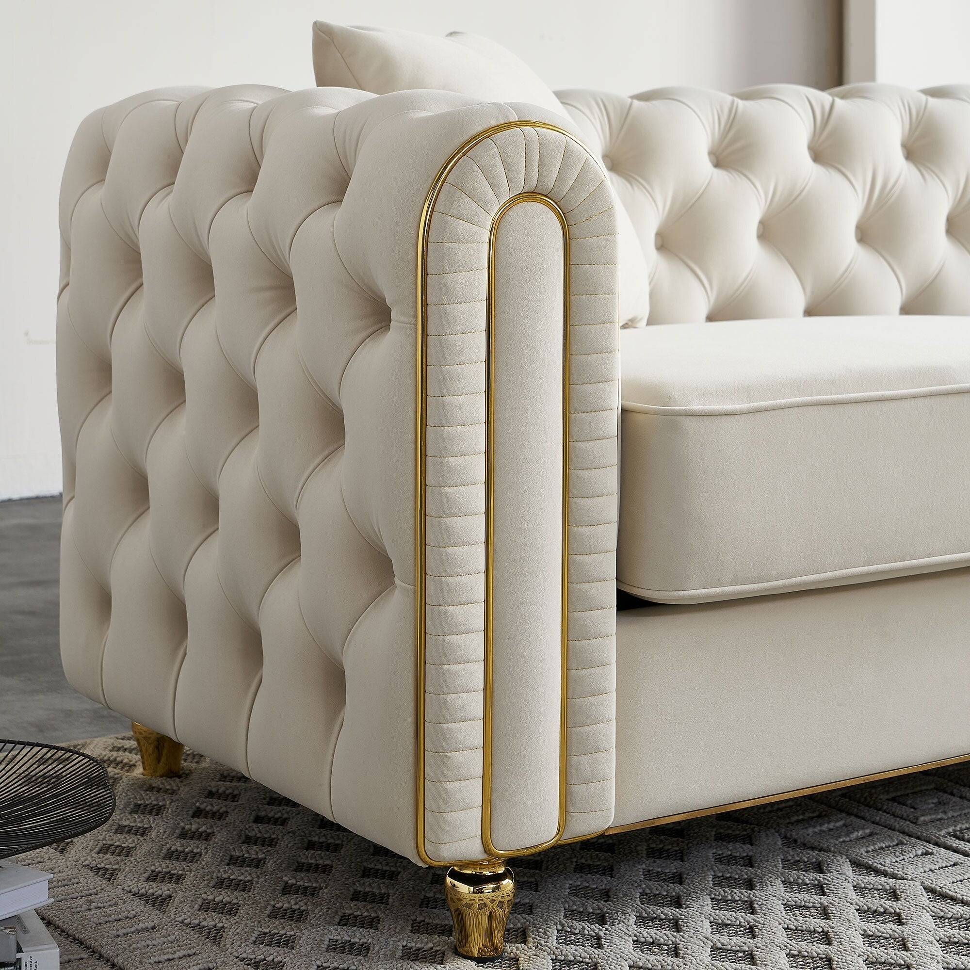 Canapé capitonné moderne de luxe de 86 po de largeur avec 2 coussins décoratifs pour salon et chambre à coucher