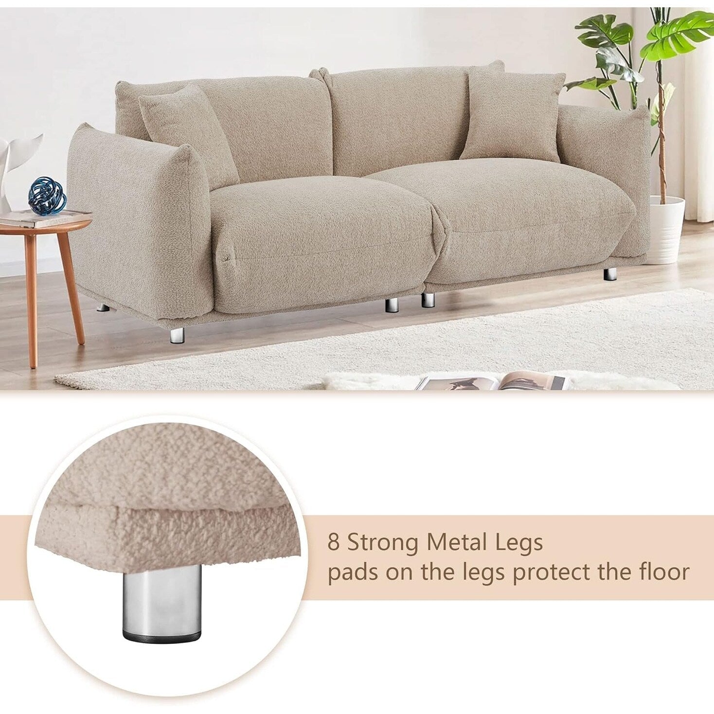 Canapé causeuse surdimensionné de 87 po avec cadre en métal, 2 coussins et revêtement durable