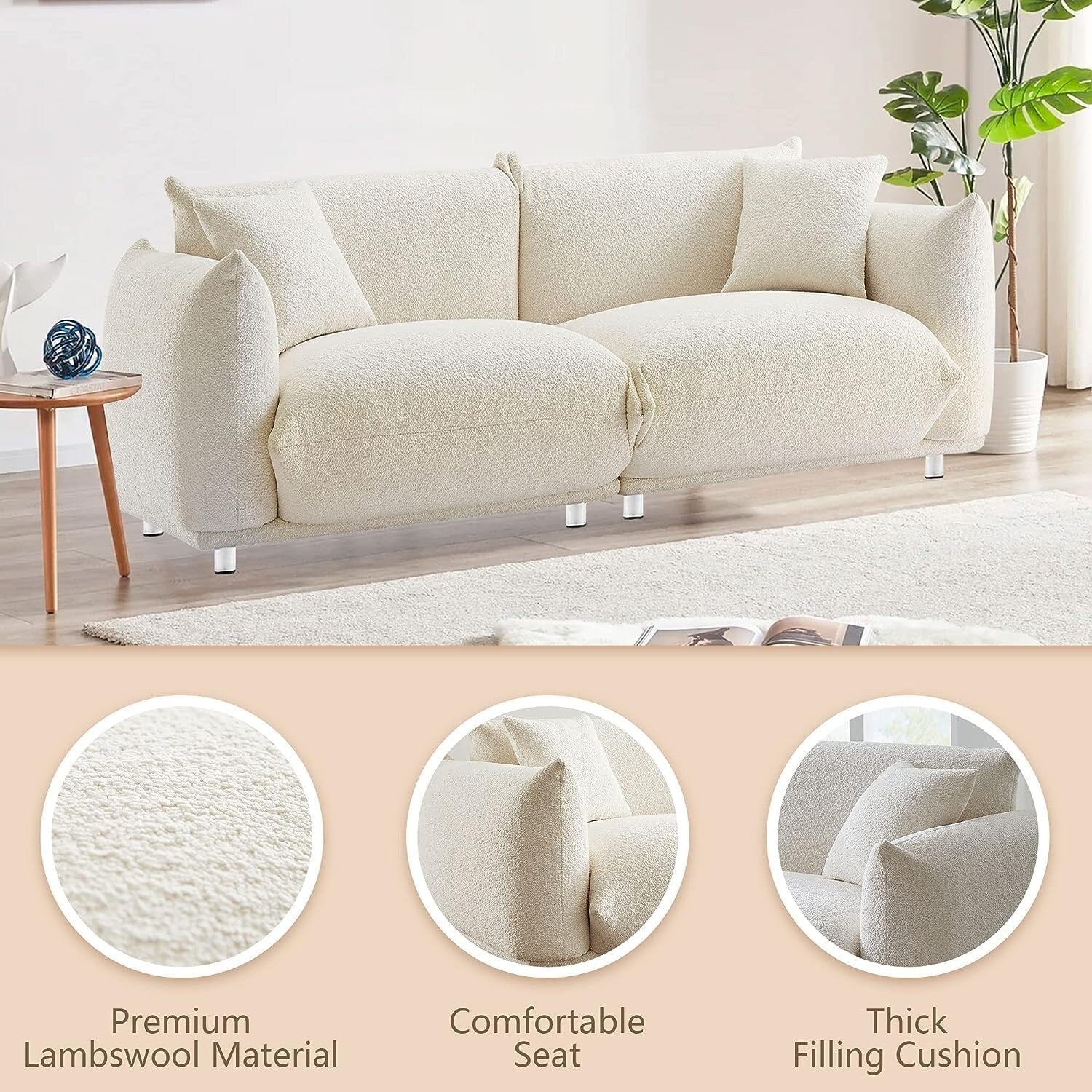 Canapé causeuse surdimensionné de 87 po avec cadre en métal, 2 coussins et revêtement durable