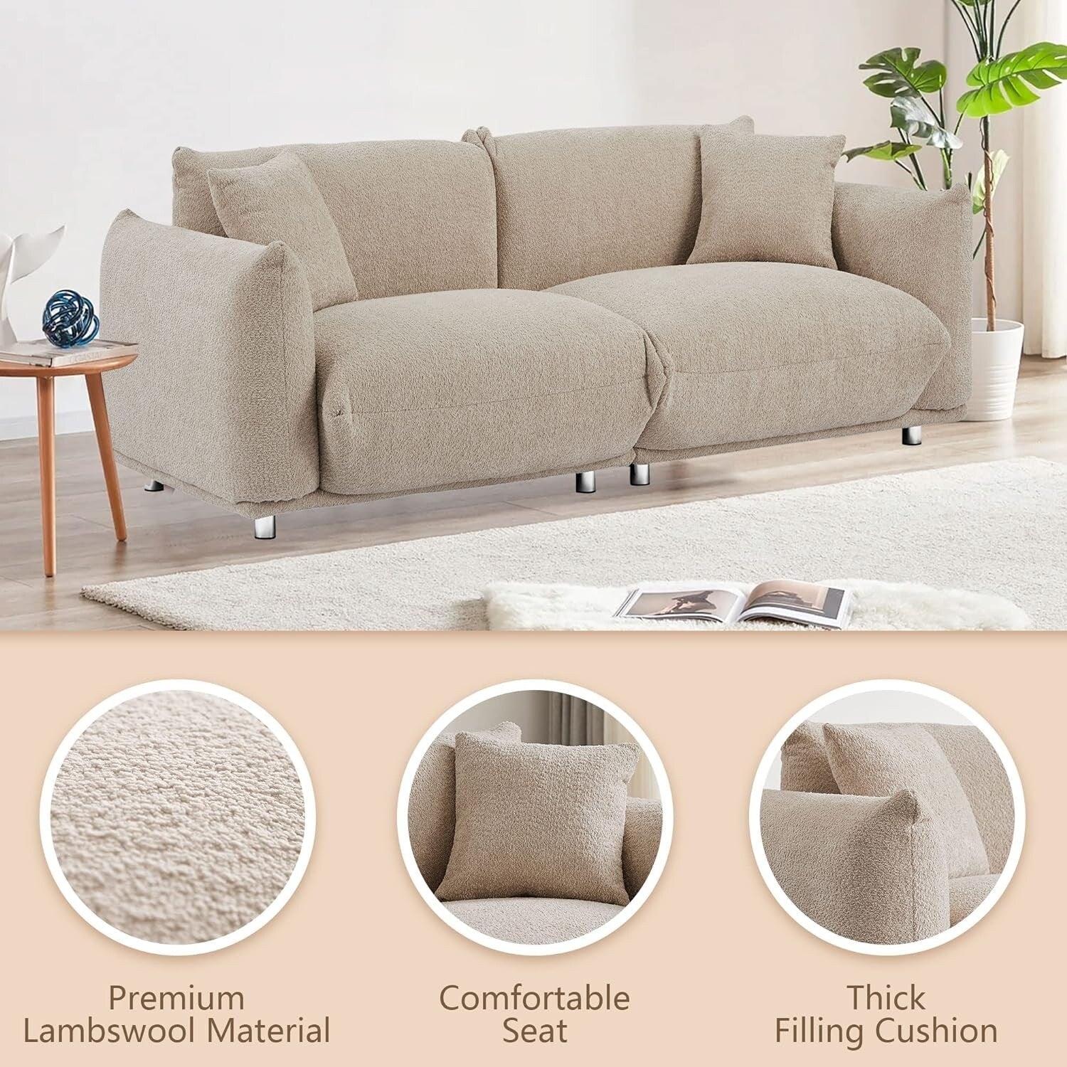 Canapé causeuse surdimensionné de 87 po avec cadre en métal, 2 coussins et revêtement durable