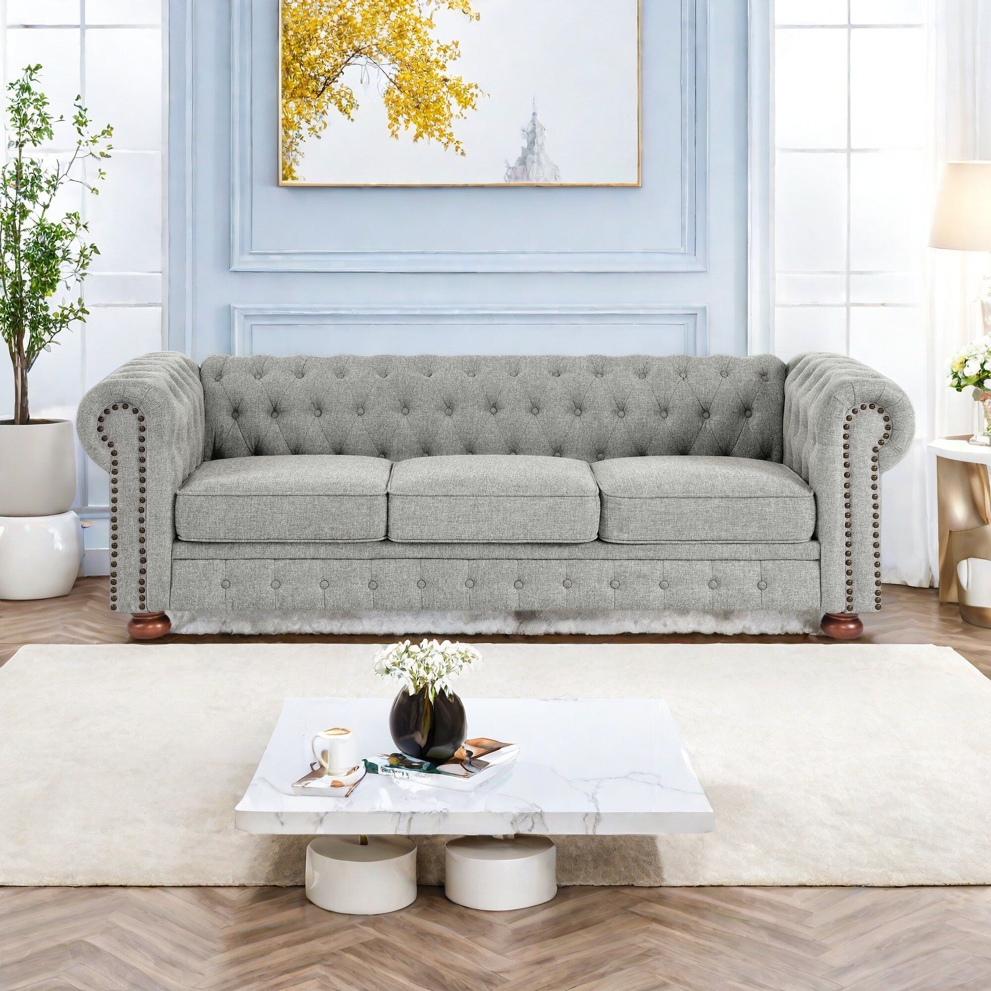 Canapé 3 places en lin 88,5 avec détails cloutés et structure en bois massif pour le salon