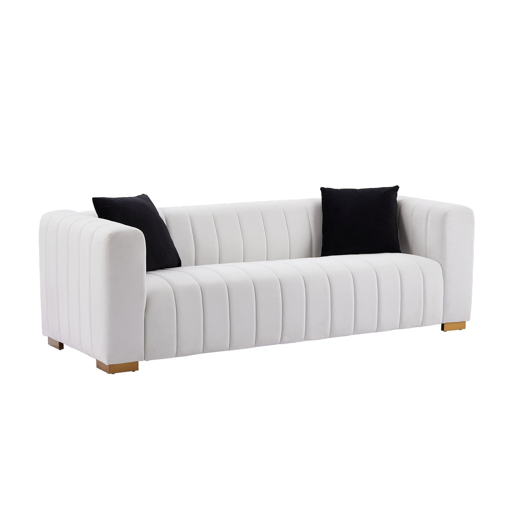 Canapé 3 places en velours 88 avec mains courantes rondes et pieds en métal doré