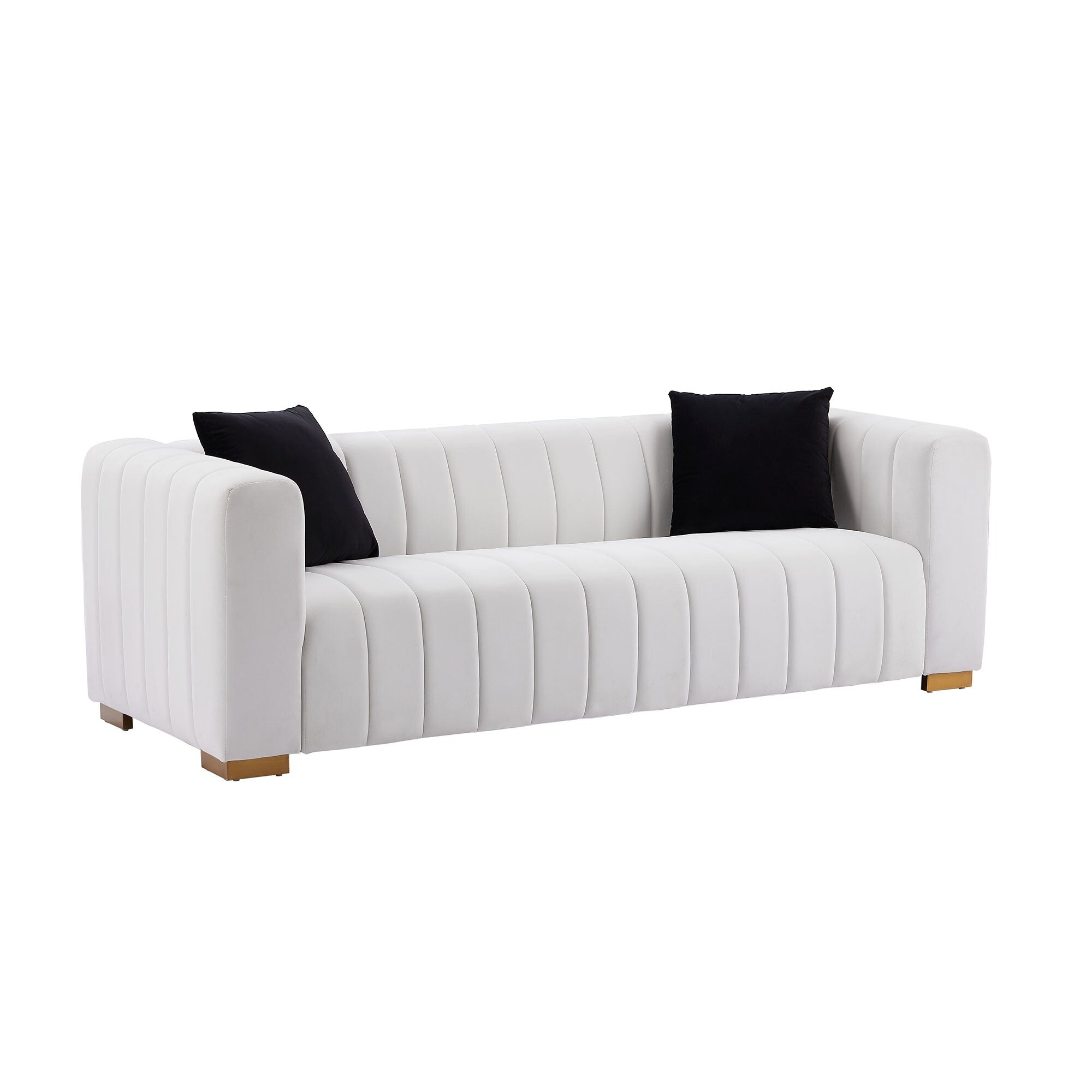 Canapé 3 places en velours 88 avec mains courantes rondes et pieds en métal doré