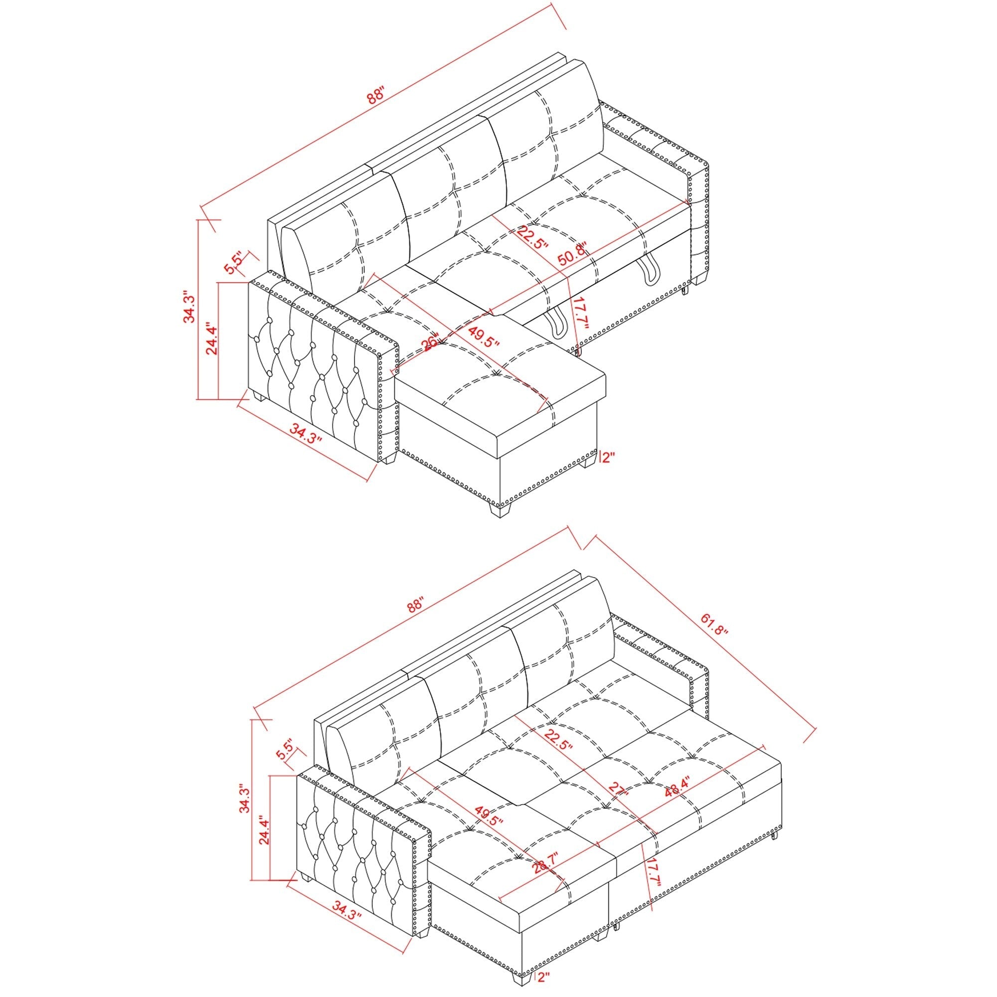 Canapé-lit convertible 3 places de 88 po avec méridienne de rangement, lit gigogne et garniture cloutée