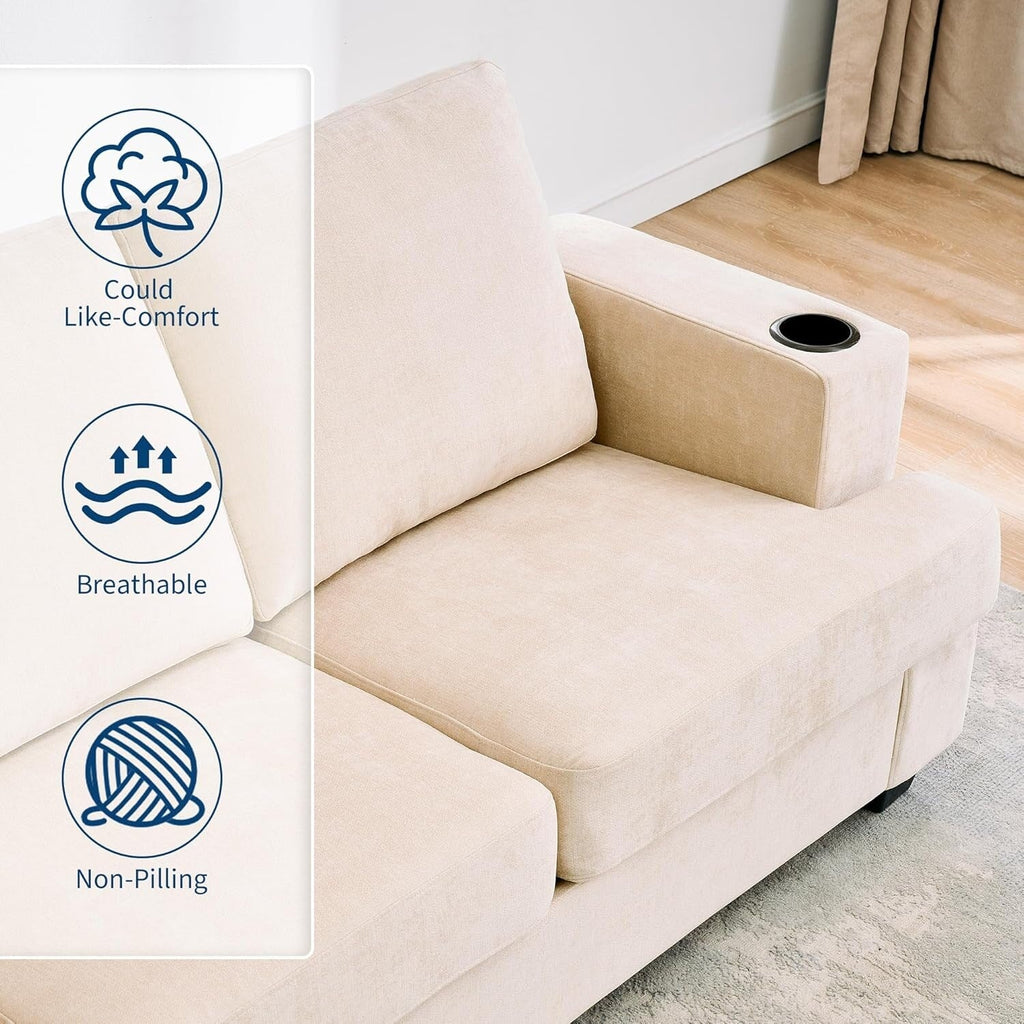 Canapé 3 places 89, canapé à assise profonde, canapés modernes et confortables pour le salon avec porte-gobelets