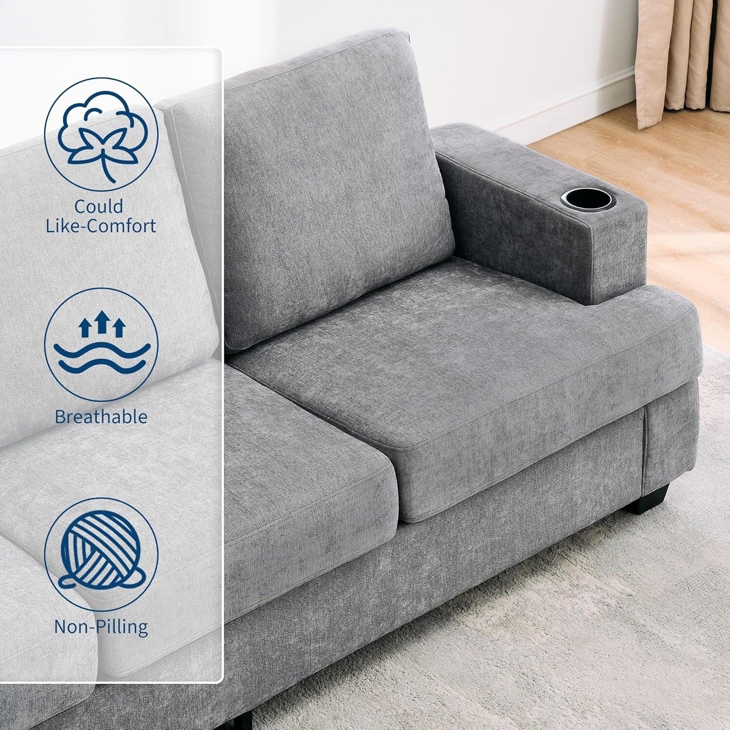 Canapé 3 places 89, canapé à assise profonde, canapés modernes et confortables pour le salon avec porte-gobelets