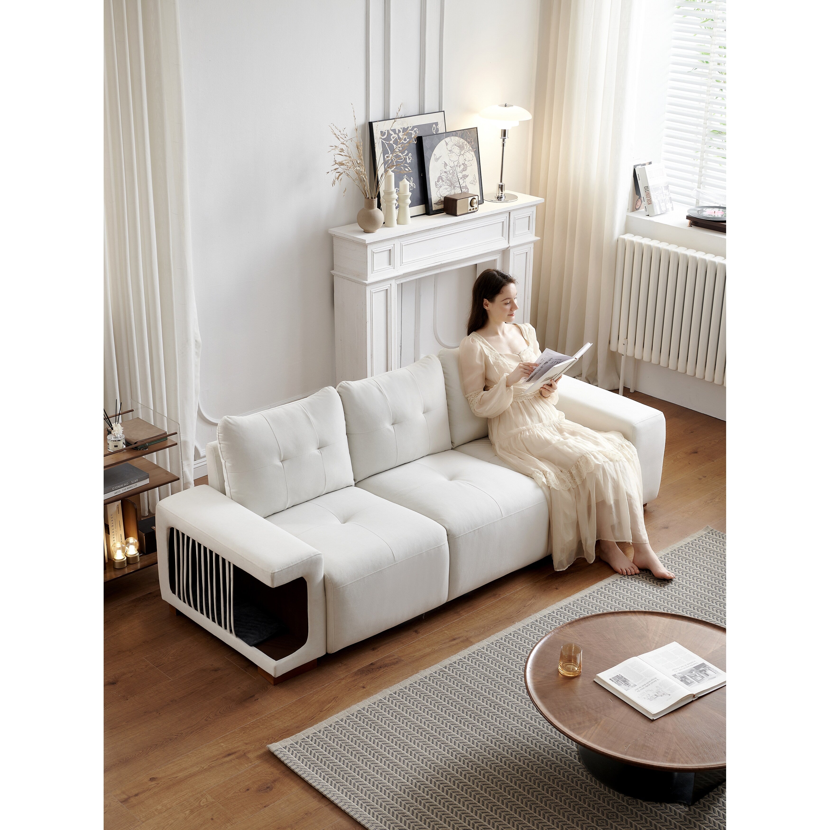 Canapé 3 places rembourré en velours avec nid pour chat, tissu imperméable et résistant aux griffures de chat