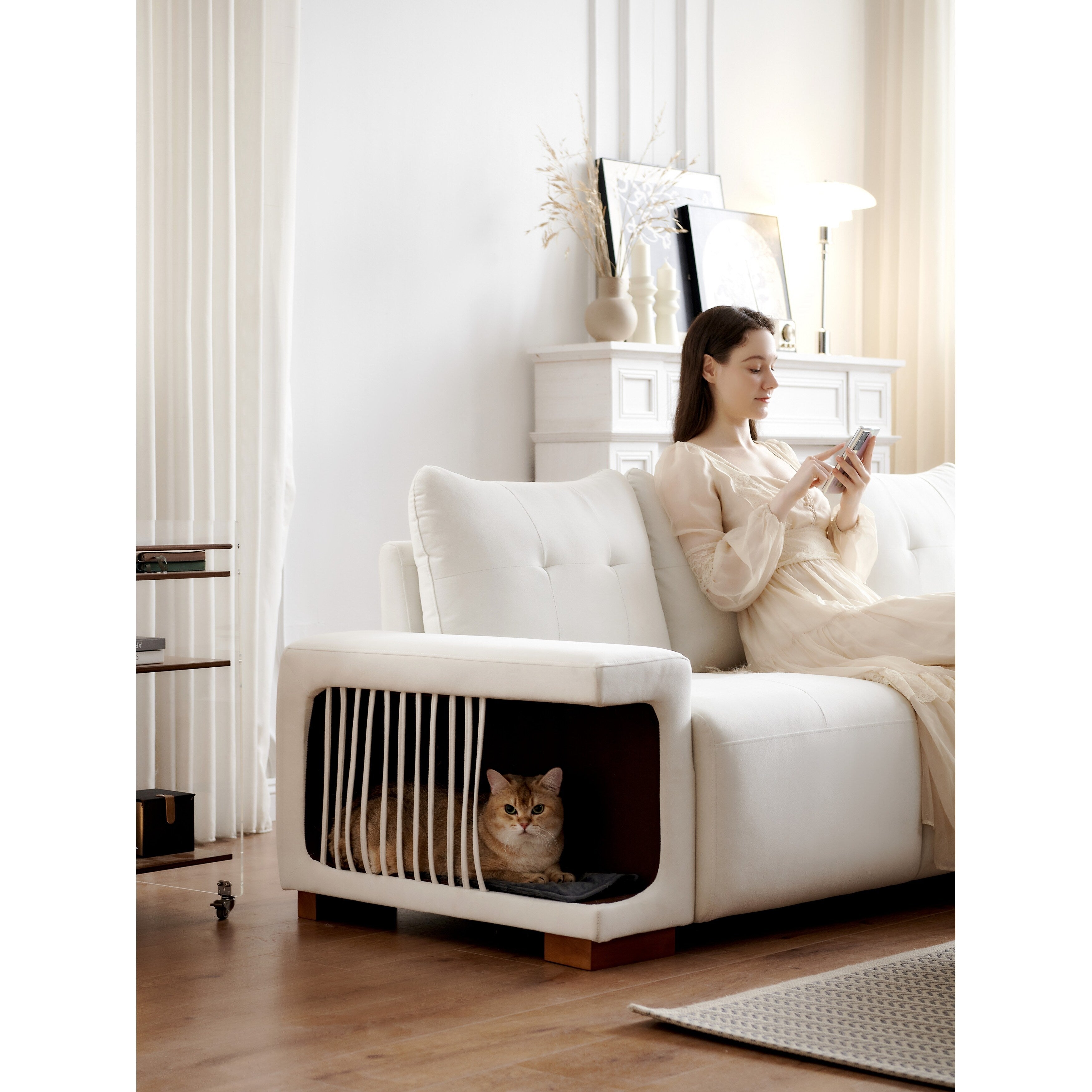 Canapé 3 places rembourré en velours avec nid pour chat, tissu imperméable et résistant aux griffures de chat