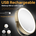 Miroir de maquillage mural rond de 8 pouces, rechargeable, grossissement 1x/10x, 3 lumières colorées