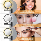 Miroir de maquillage mural rond de 8 pouces, rechargeable, grossissement 1x/10x, 3 lumières colorées