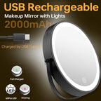 Miroir de maquillage mural rond de 8 pouces, rechargeable, grossissement 1x/10x, 3 lumières colorées
