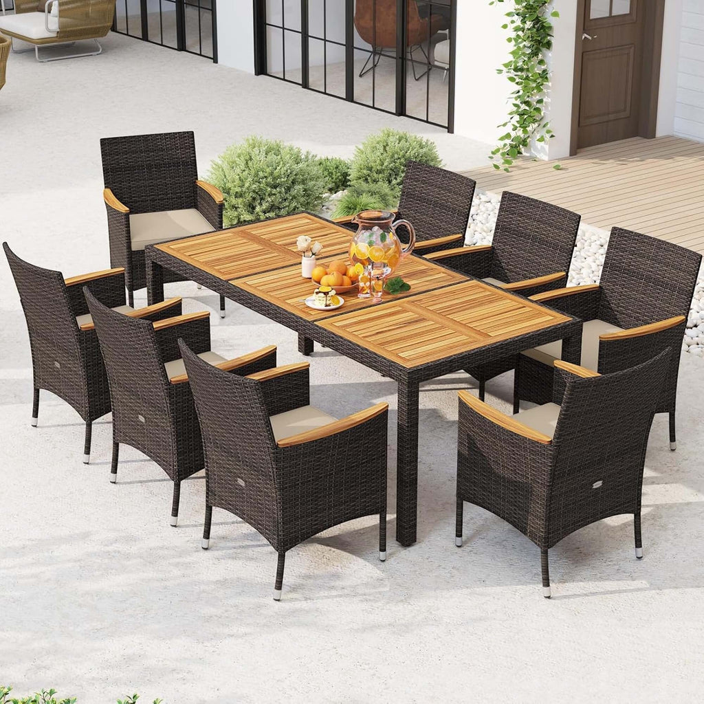 Ensemble de salle à manger d'extérieur en osier PE 9 pièces avec table et chaises en bois d'acacia